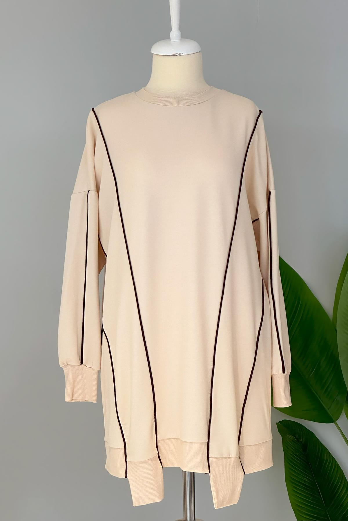 Basic Biye Detaylı Sweat Tunik 10413 Bej