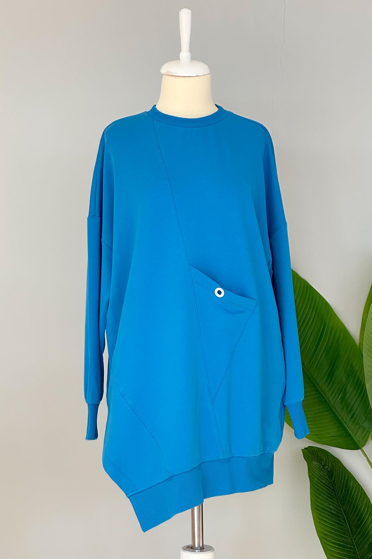 Basic Cep Detaylı Sweat Tunik 10389 Mavi