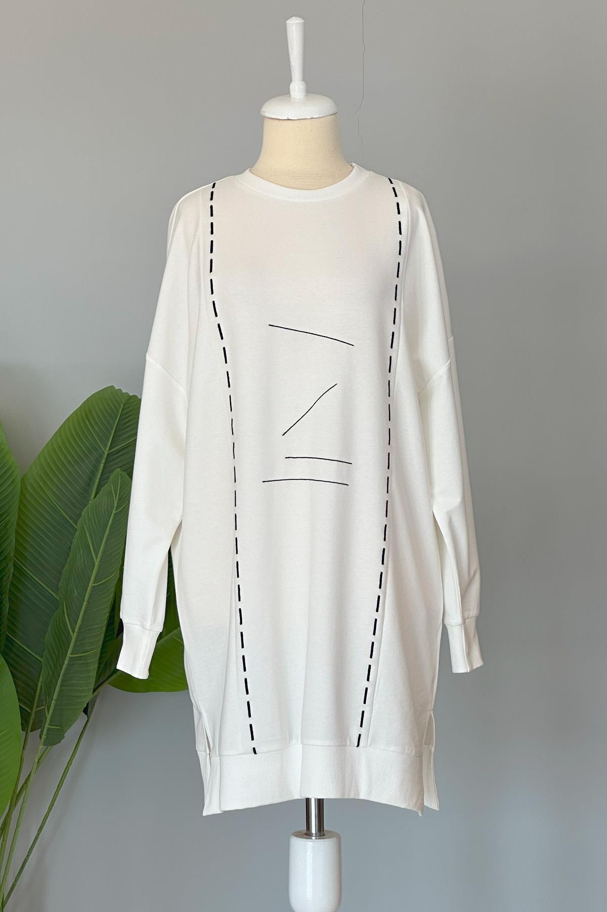 Basic Dikiş Detaylı Sweat Tunik 10425 Ekru