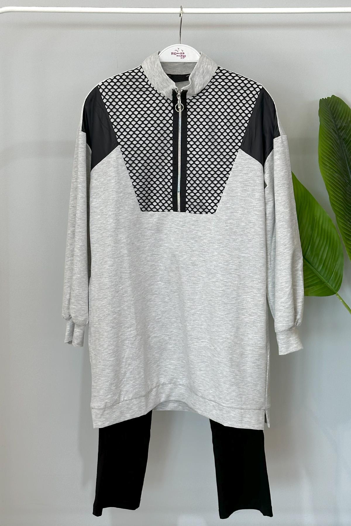 Basic Pantolonlu Takım File Detaylı 15020 Gri