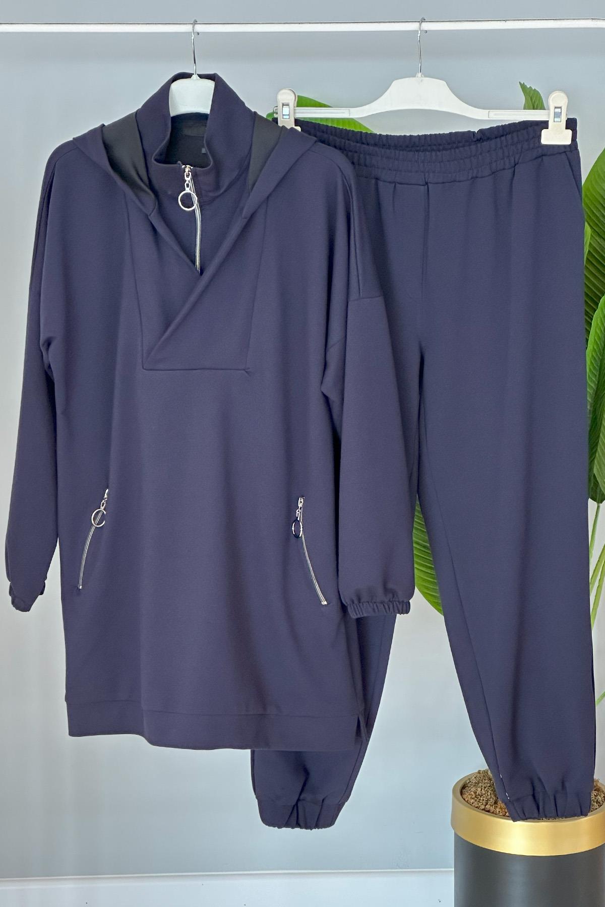 Basic Pantolonlu Takım Şapka Detaylı 15011 Lacivert