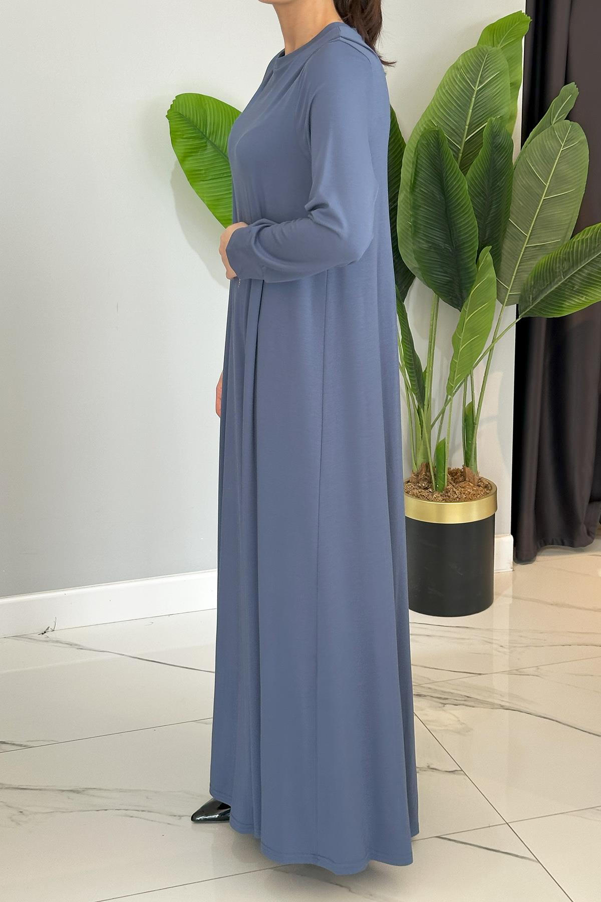 Basic Uzun Kollu Bambu Elbise 5739 İndigo