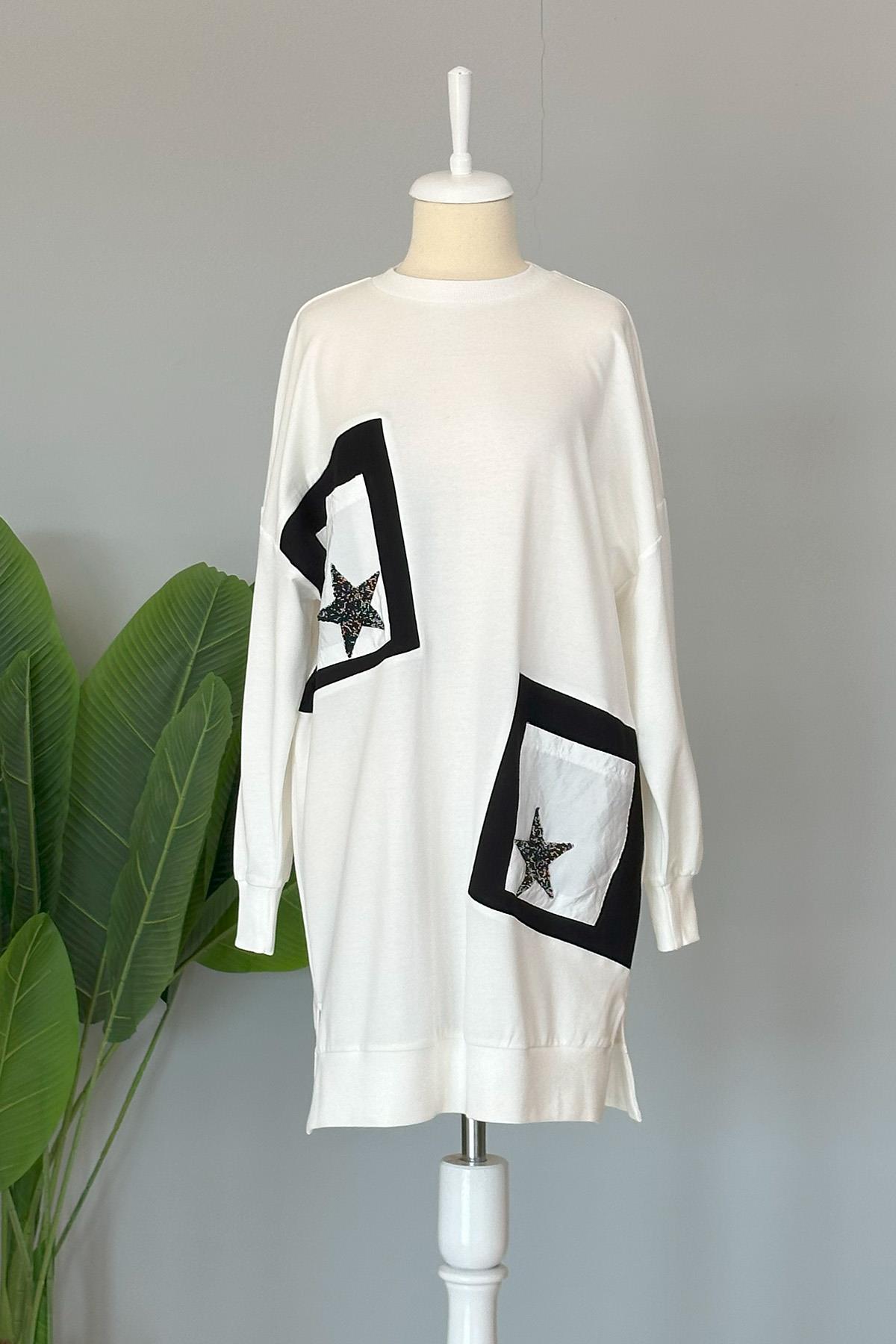 Basic Yıldız İşleme Detaylı Sweat Tunik 10406 Ekru