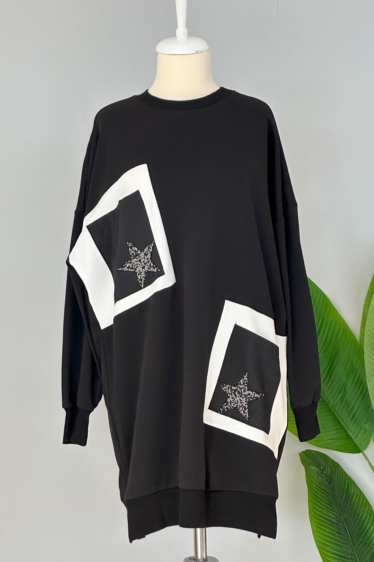 Basic Yıldız İşleme Detaylı Sweat Tunik 10406 Siyah