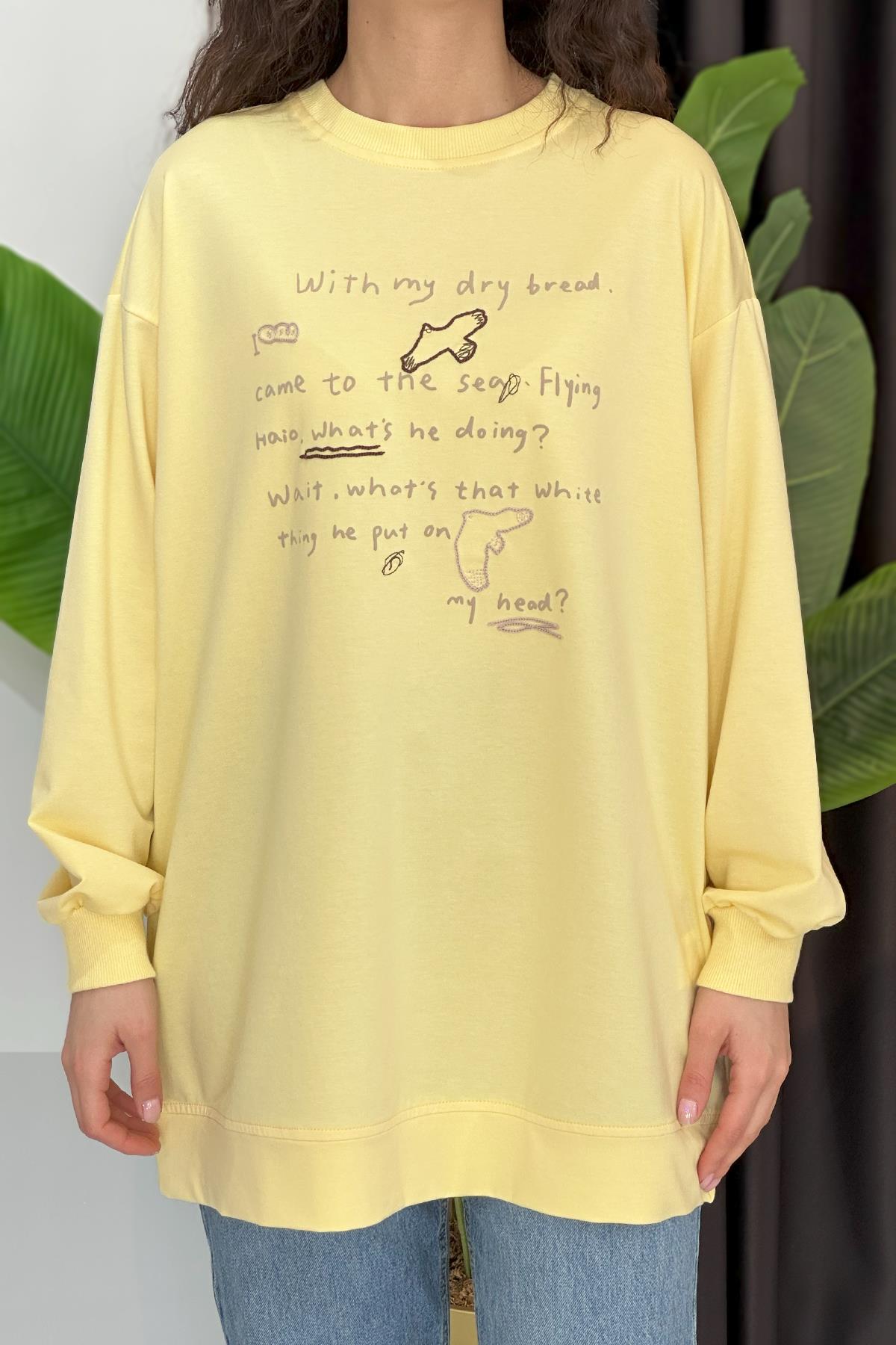Baskı ve Nakış Detaylı Sweat Tunik 34806 Sarı
