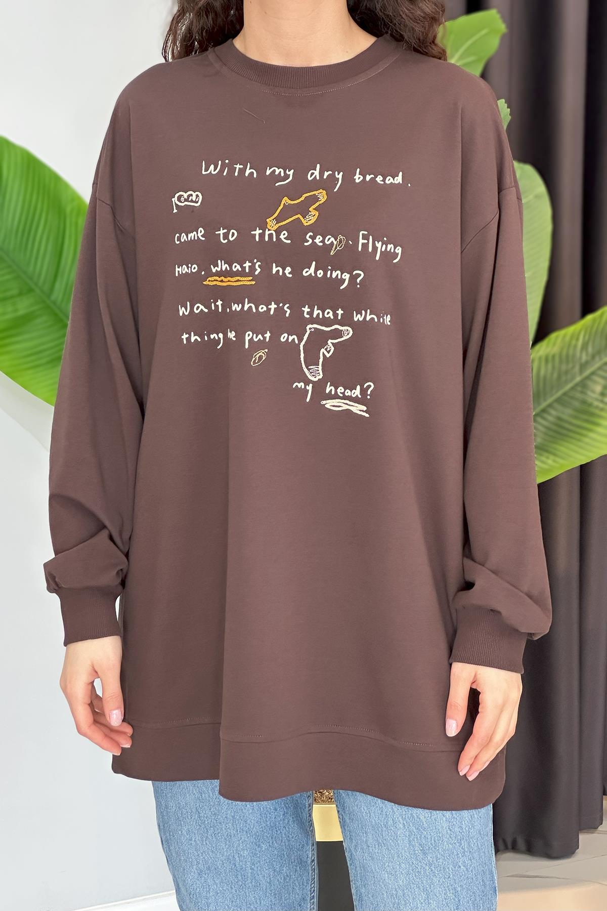 Baskı ve Nakış Detaylı Sweat Tunik 34806 Kahverengi