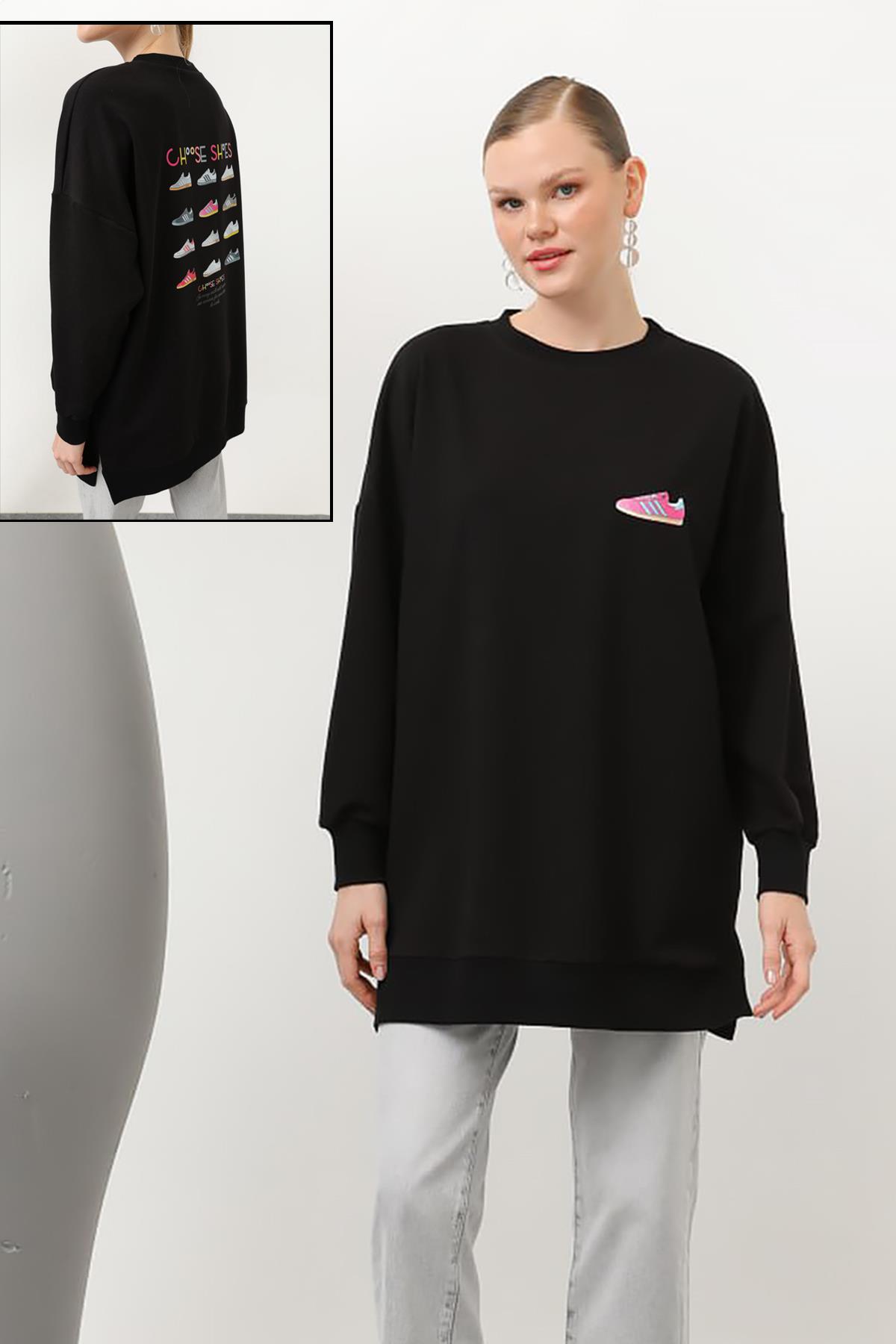 Baskılı Sweat Tunik 20614 Siyah