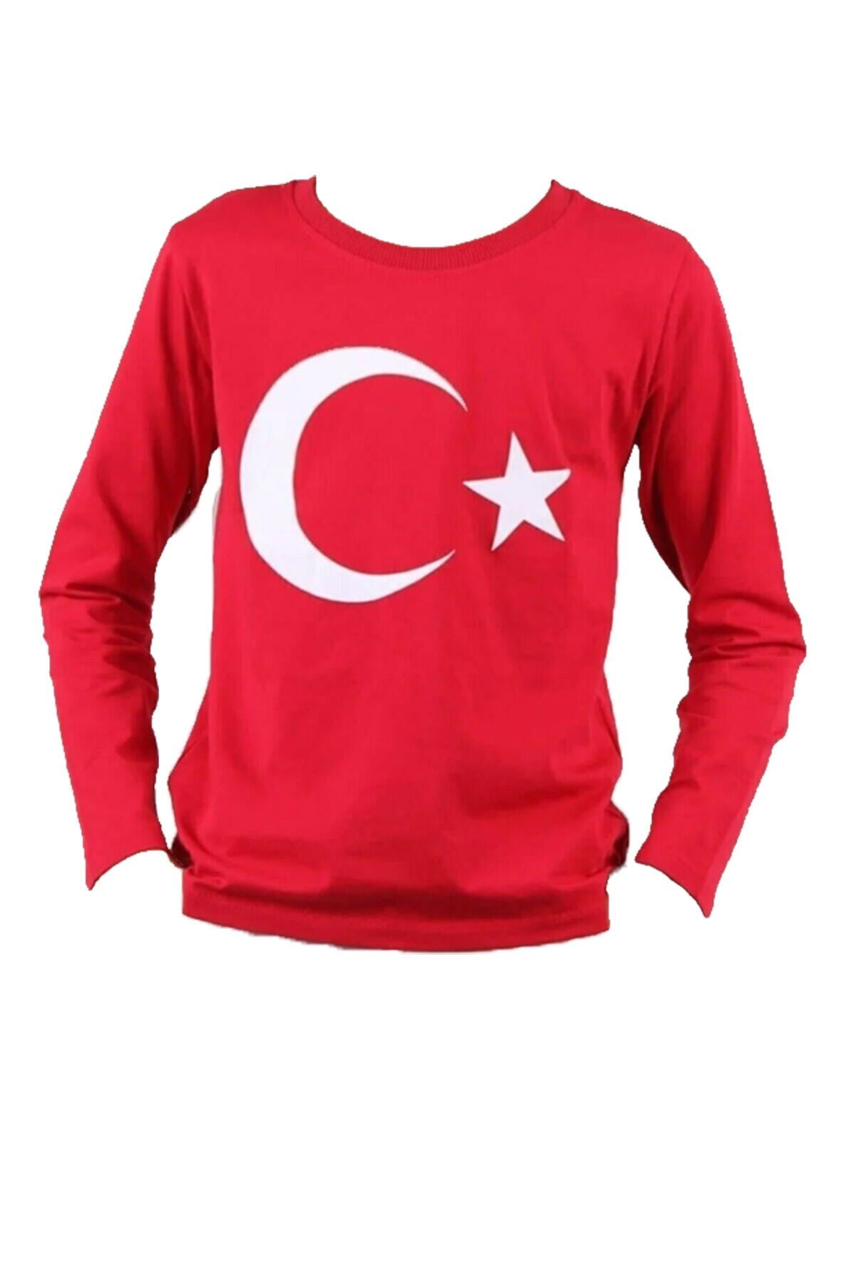 Beberium Ay Yıldız Baskılı Bayrak Kırmızı Sweat Uzun Kollu Kız Çocuk Erkek Çocuk Unisex