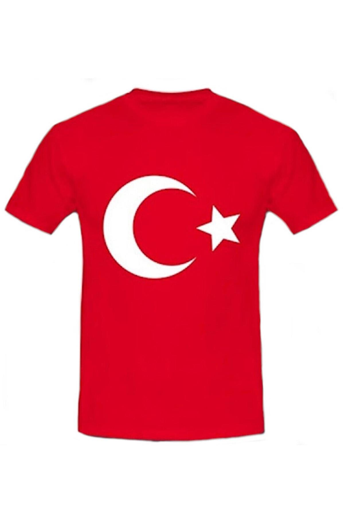Beberium Ay Yıldız Baskılı Bayrak Kırmızı T-şört Kısa Kollu Kız Çocuk Erkek Çocuk Unisex