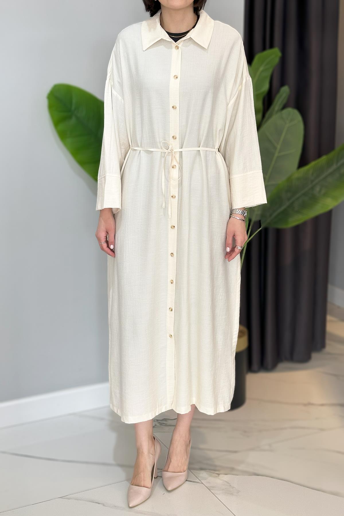 Biye Kemerli Gömlek Elbise 34268 Bej