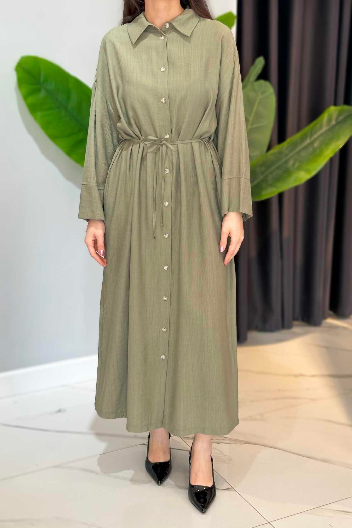 Biye Kemerli Gömlek Elbise 34268 Haki