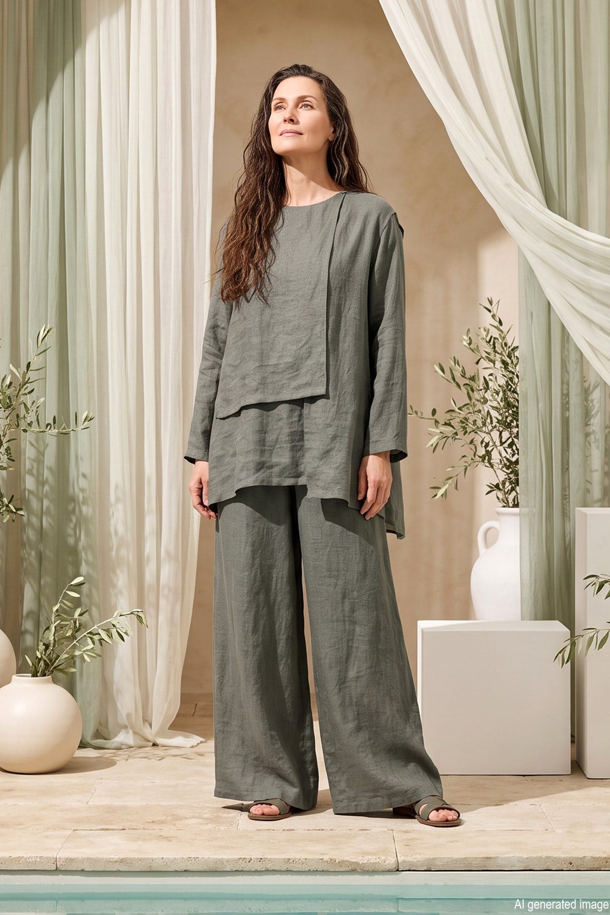 Bluz Önü Parçalı Bol Paça Pantolonlu Nil Takım 965 Yeşil