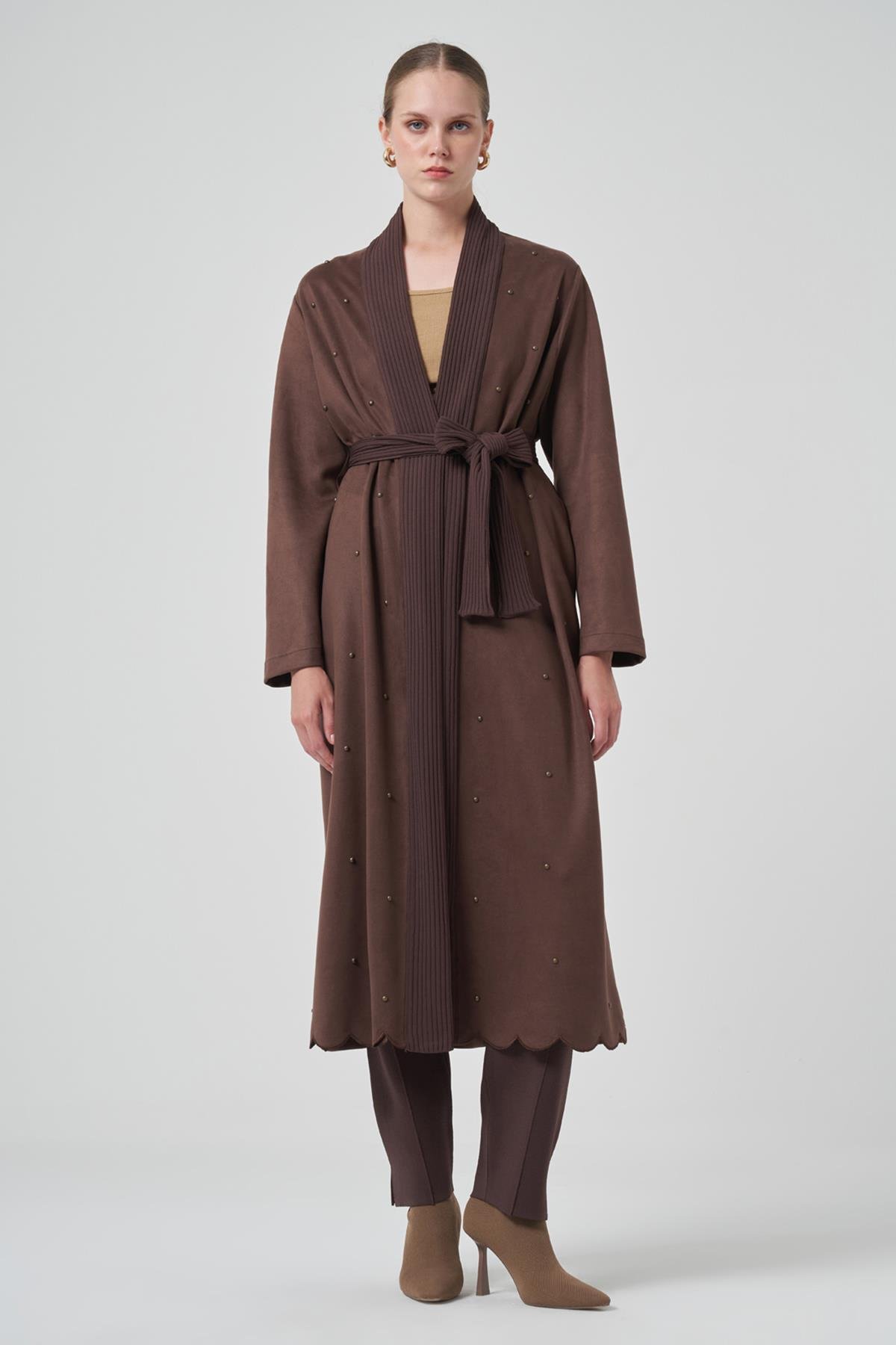 Boncuk İşlemeli Triko Kemer Detay Süet Kap Ceket 6001 Kahverengi