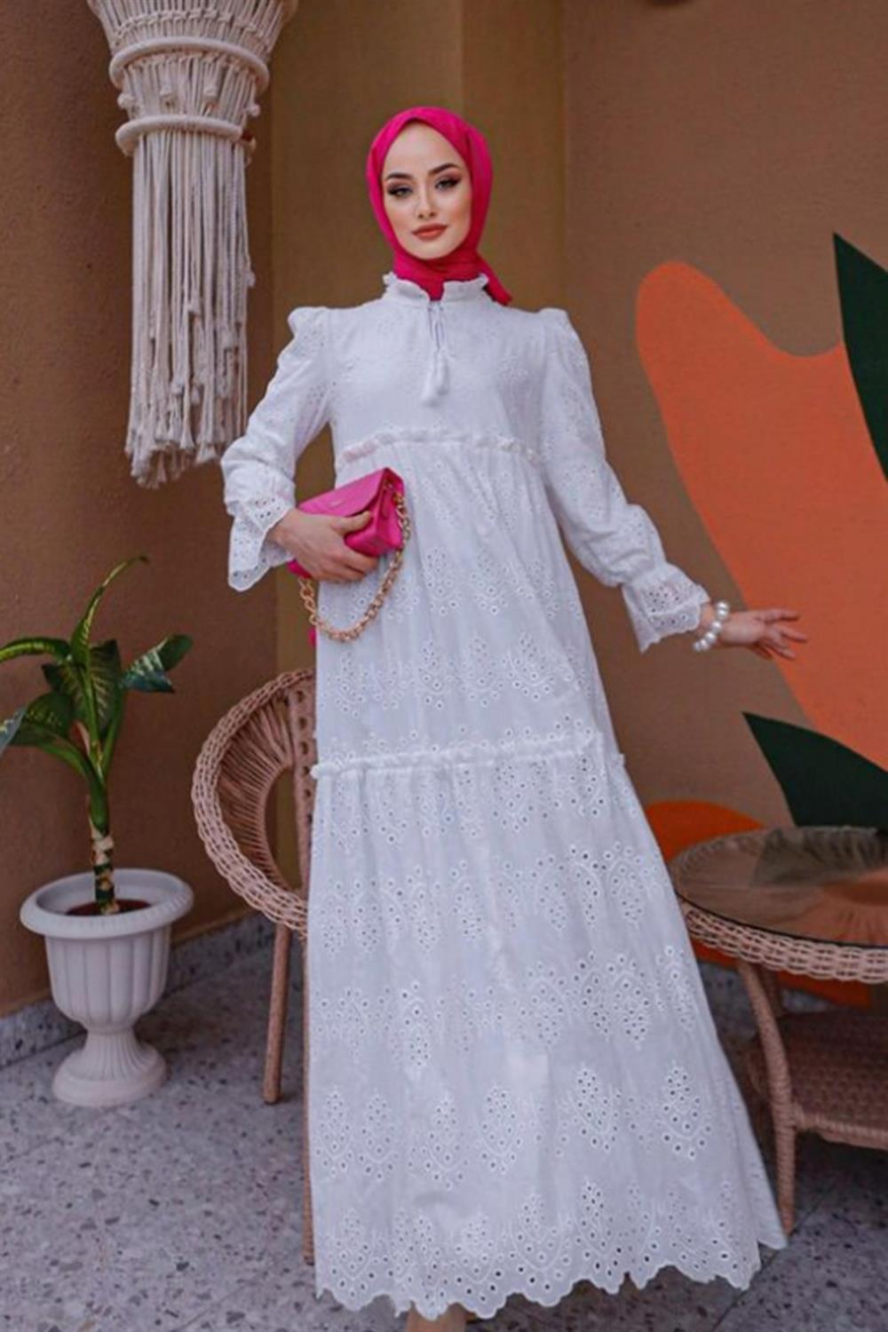 Brode Fisto Bağcıklı Elbise Lale Butik 1314 Beyaz
