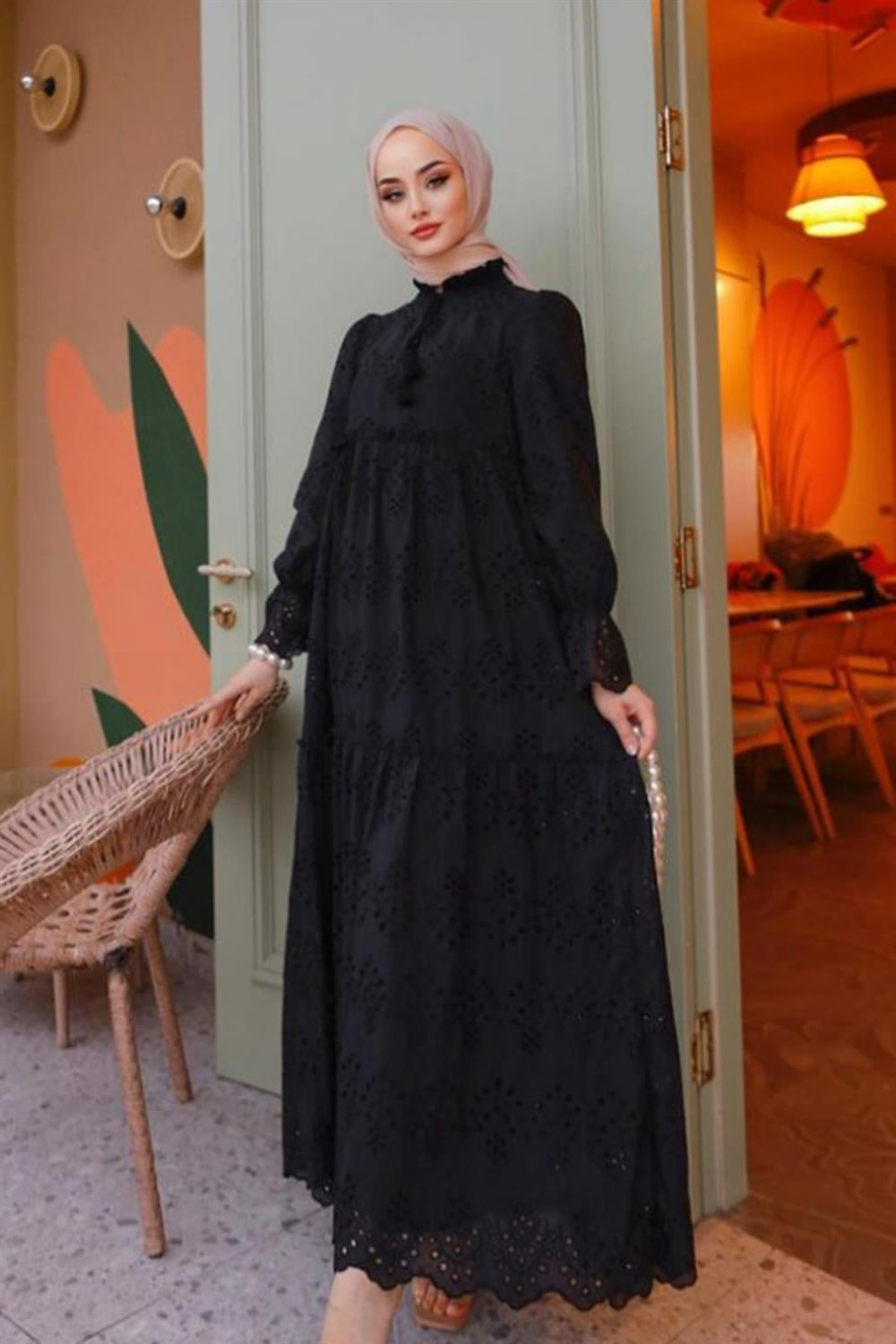 Brode Fisto Bağcıklı Elbise Lale Butik 1314 Siyah