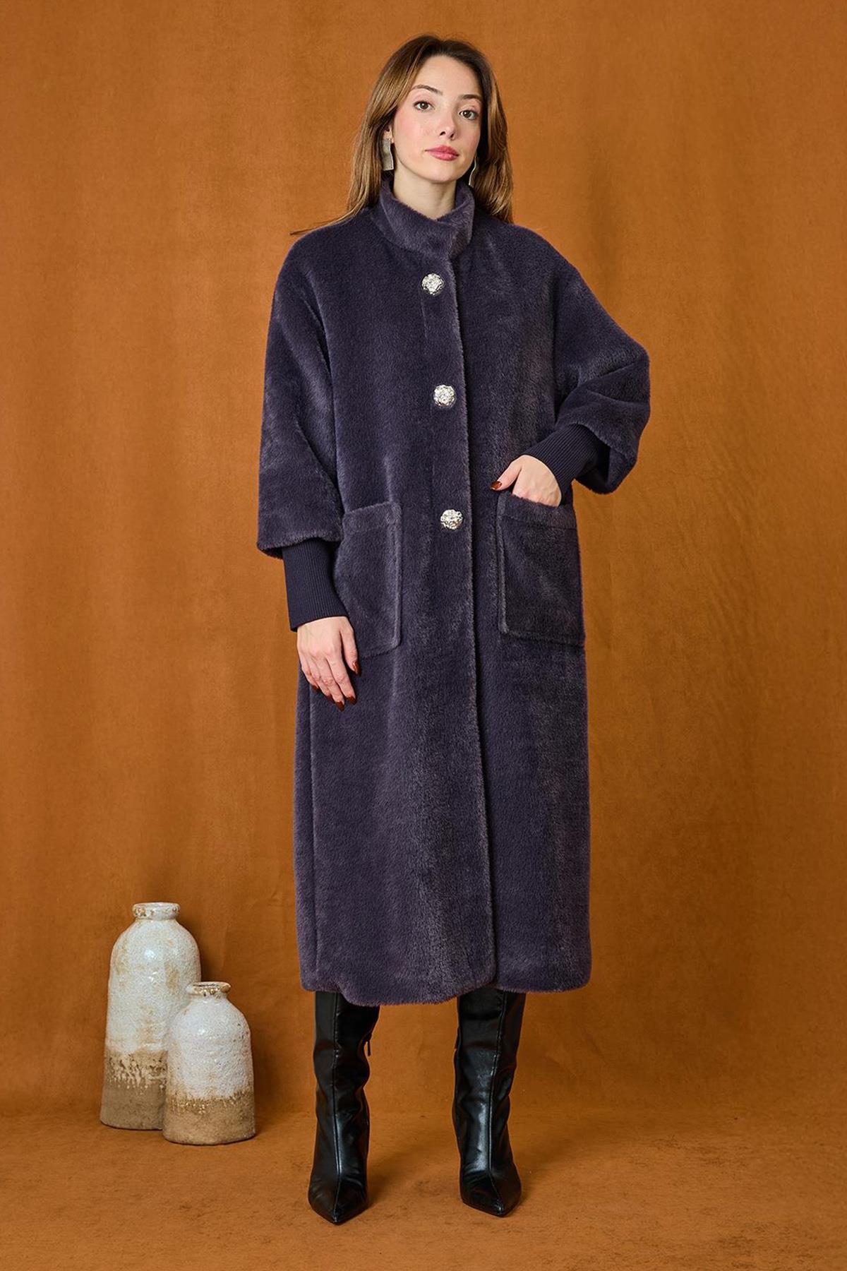 Broş Detaylı Angora Kaban Mont 15231 Antrasit
