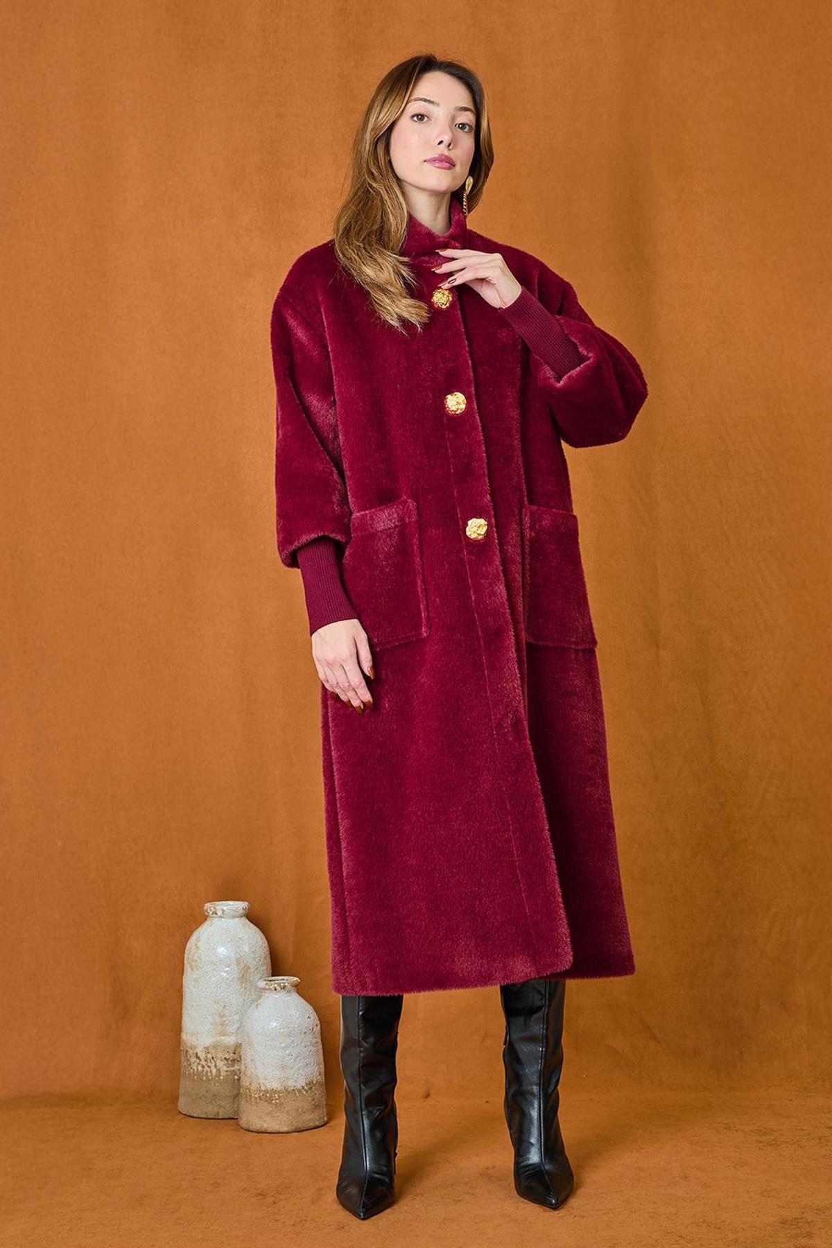 Broş Detaylı Angora Kaban Mont 15231 Bordo