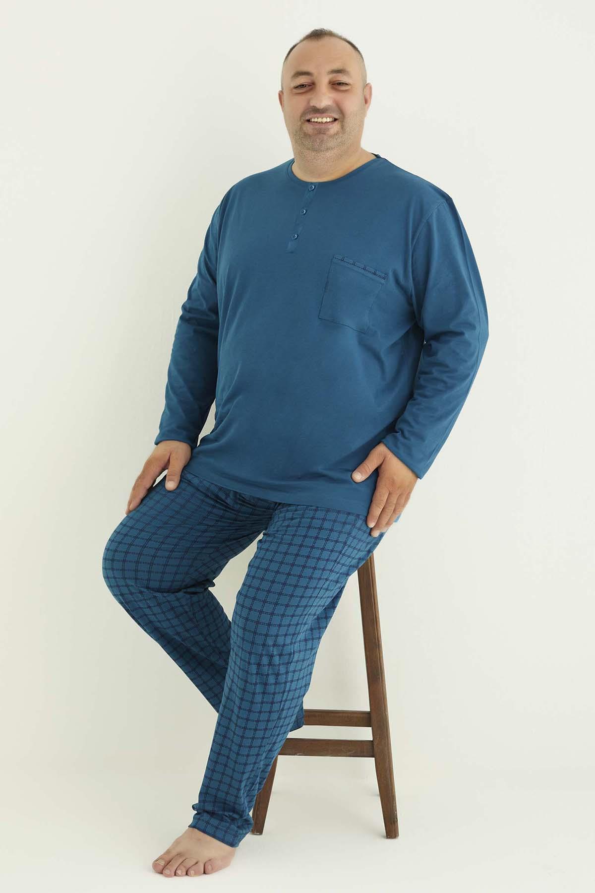 Büyük Beden Erkek Aydoğan Süprem Pamuklu Pijama Takımı 3392 Petrol