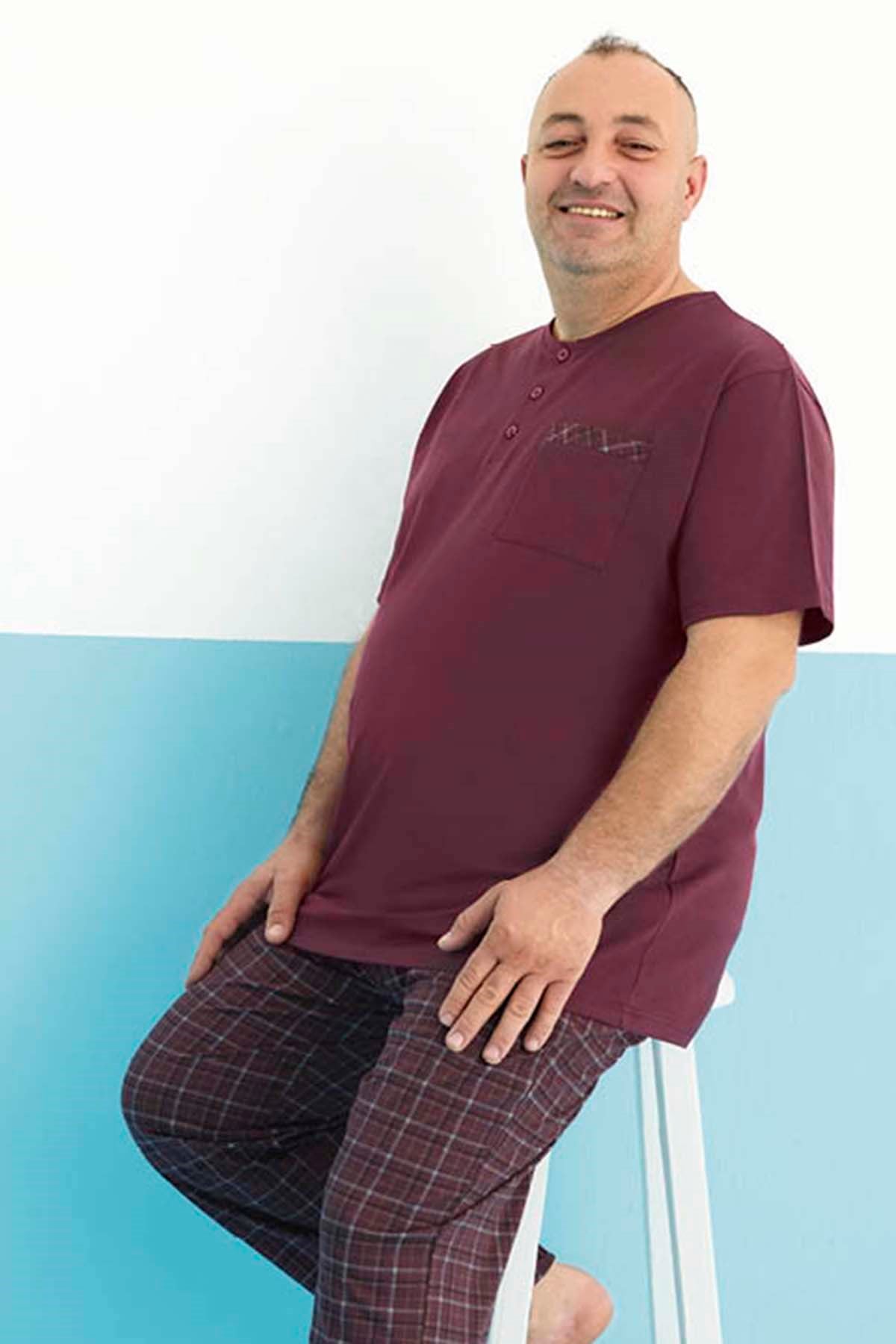 Büyük Beden Erkek Kısa Kol Modal Pijama Takım 250180 Bordo03