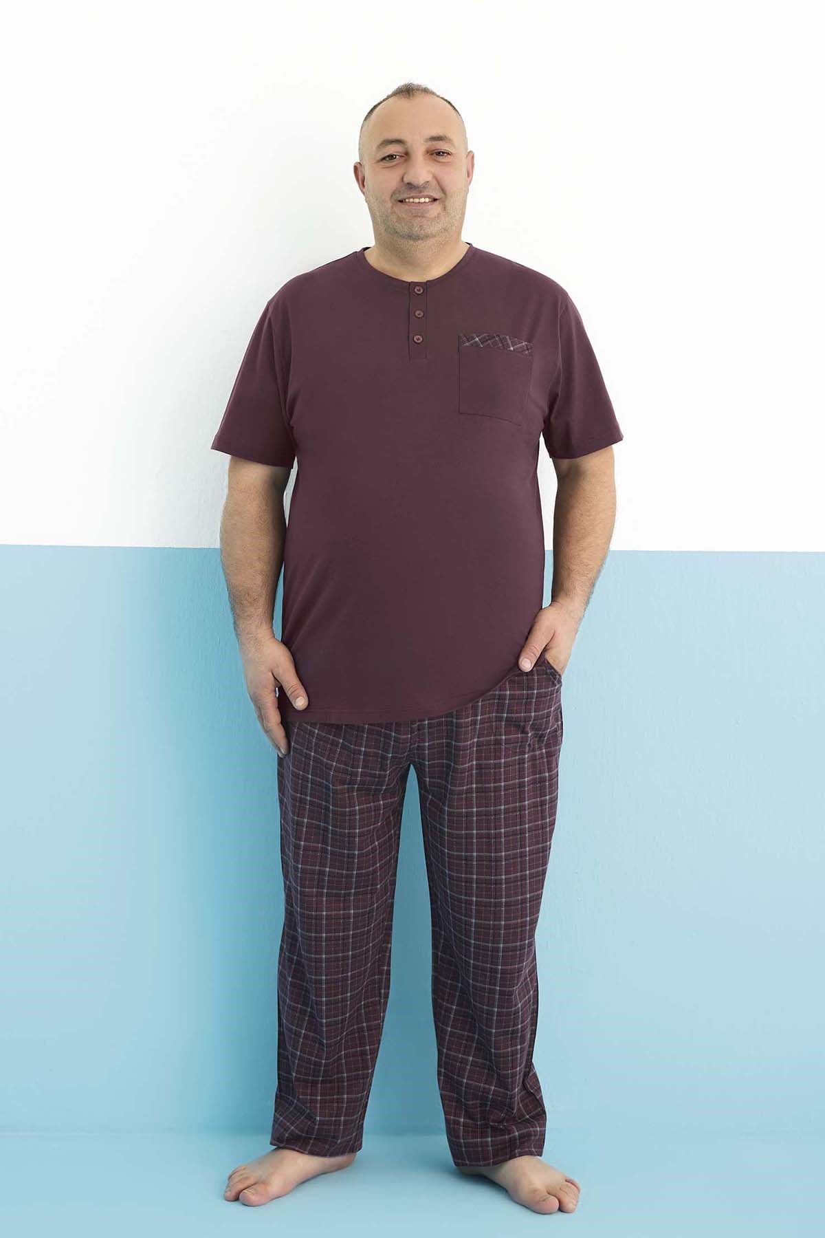 Büyük Beden Erkek Kısa Kol Süprem Pamuklu Pijama Takımı 250007 Bordo