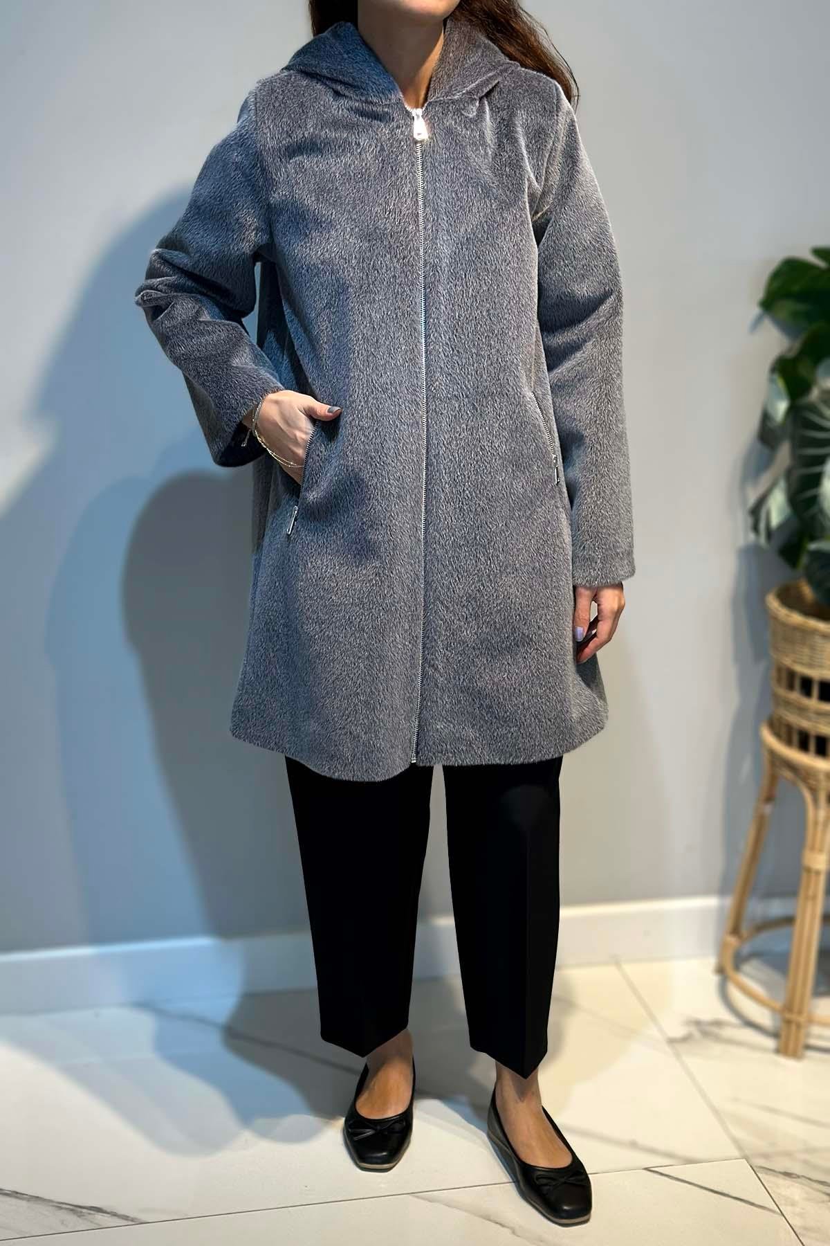 Büyük Beden Fermuar Detay Kap Ceket 2590 Gri