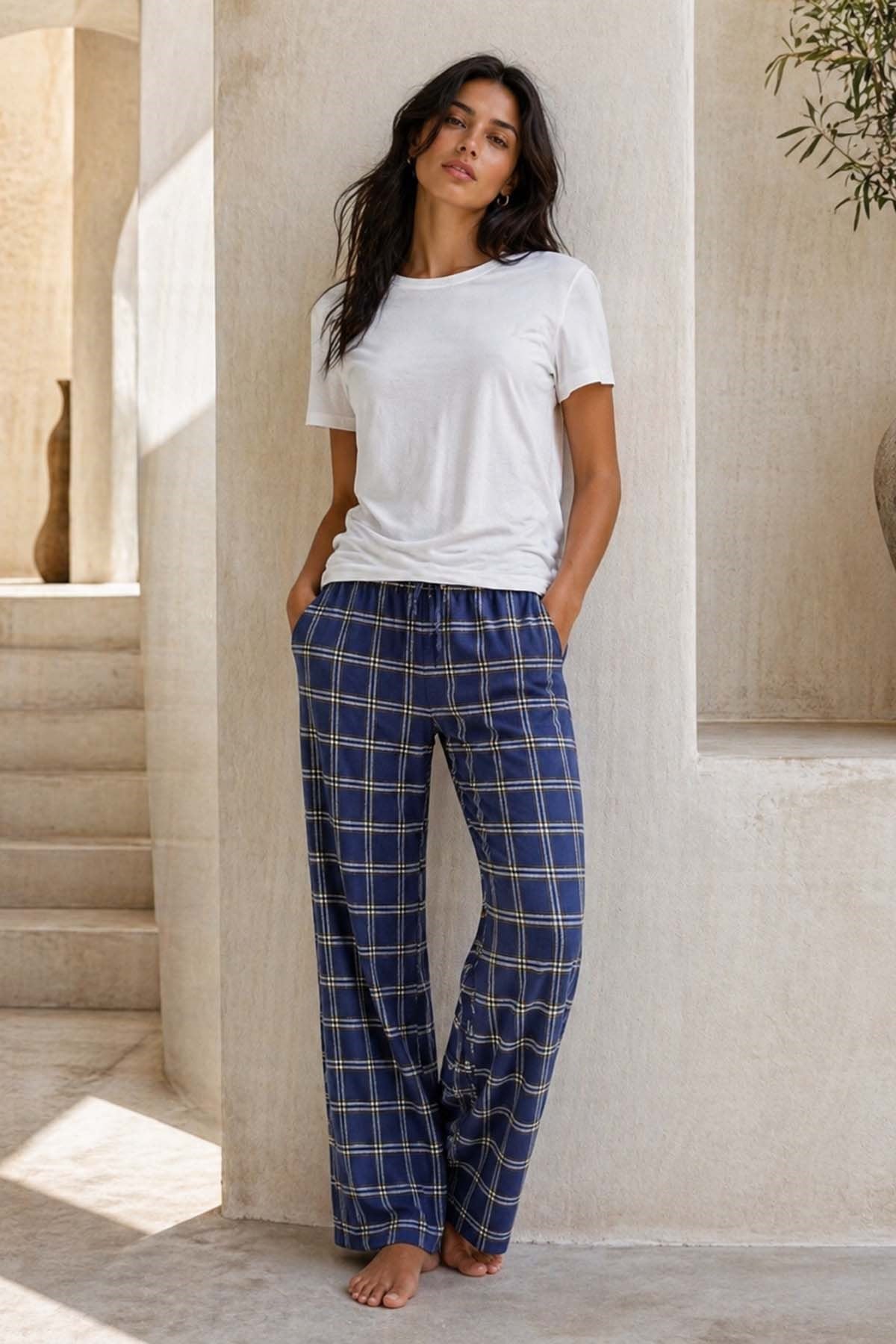 Büyük Beden Kadın Ekose Viskon Kumaş Penye Battal Tek Pijama Alt 21 Lacivert02