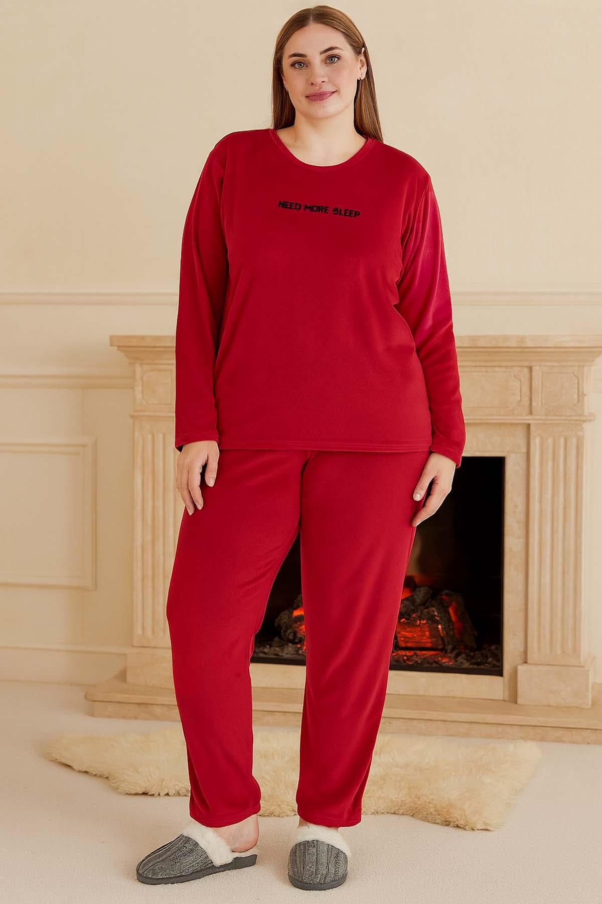 Büyük Beden Kadın Kadife Kumaş Pijama Takımı 13213 Kırmızı