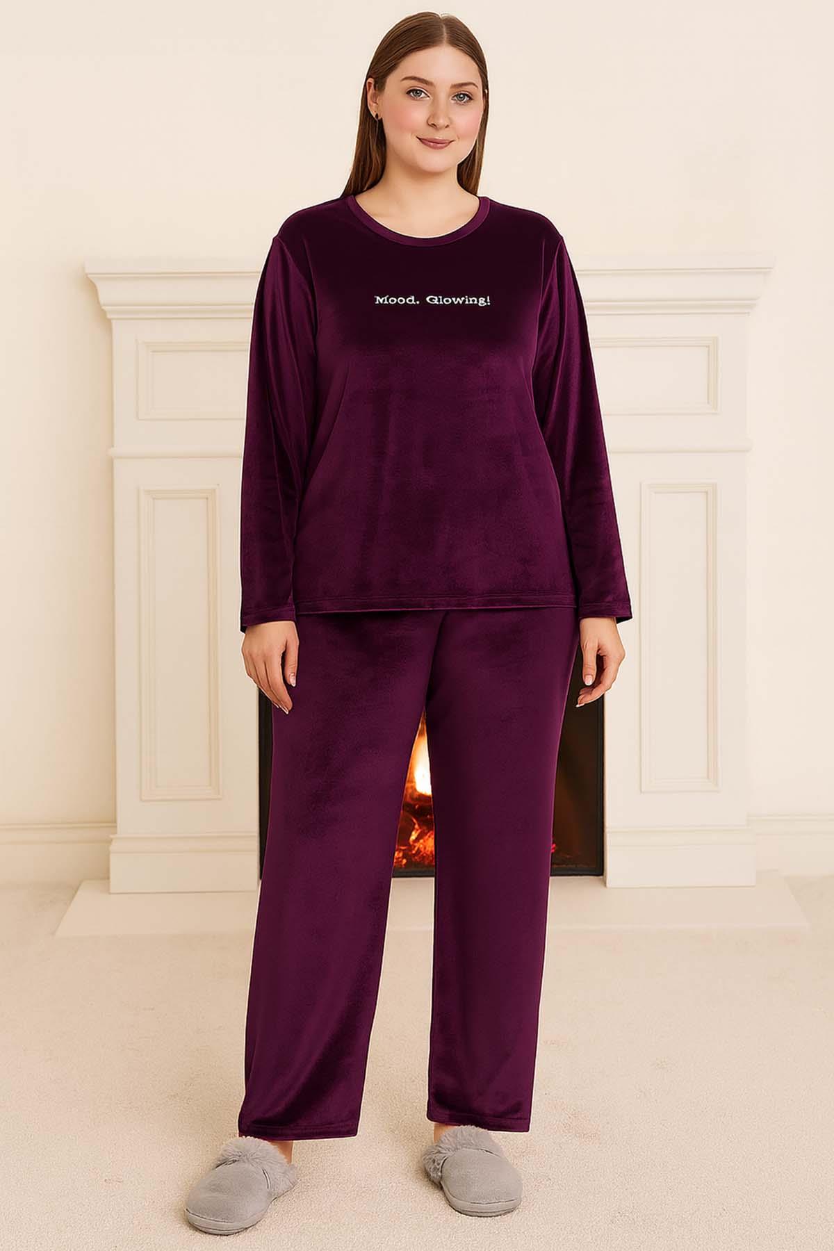 Büyük Beden Kadın Kadife Kumaş Pijama Takımı 13213 Mürdüm