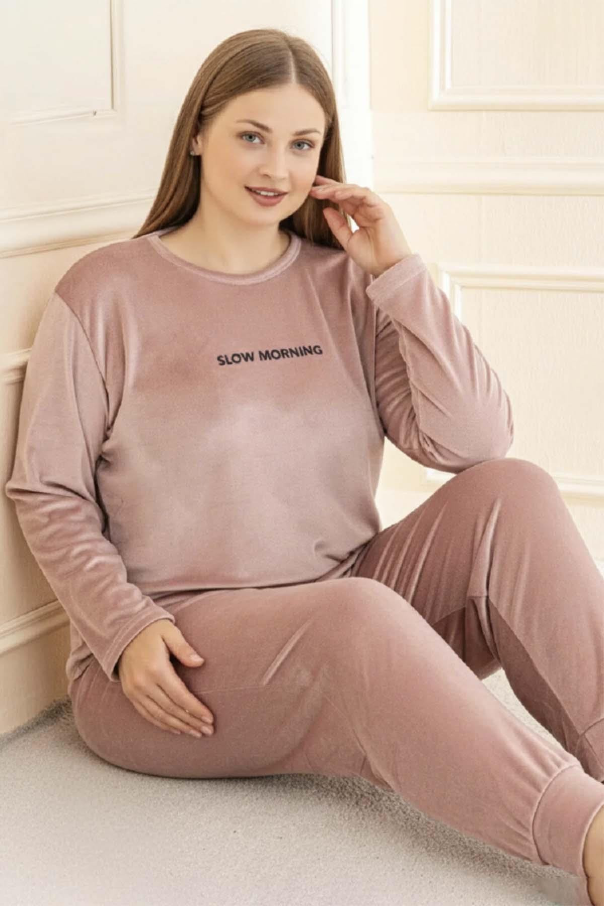 Büyük Beden Kadın Kadife Kumaş Pijama Takımı 13212 Pudra