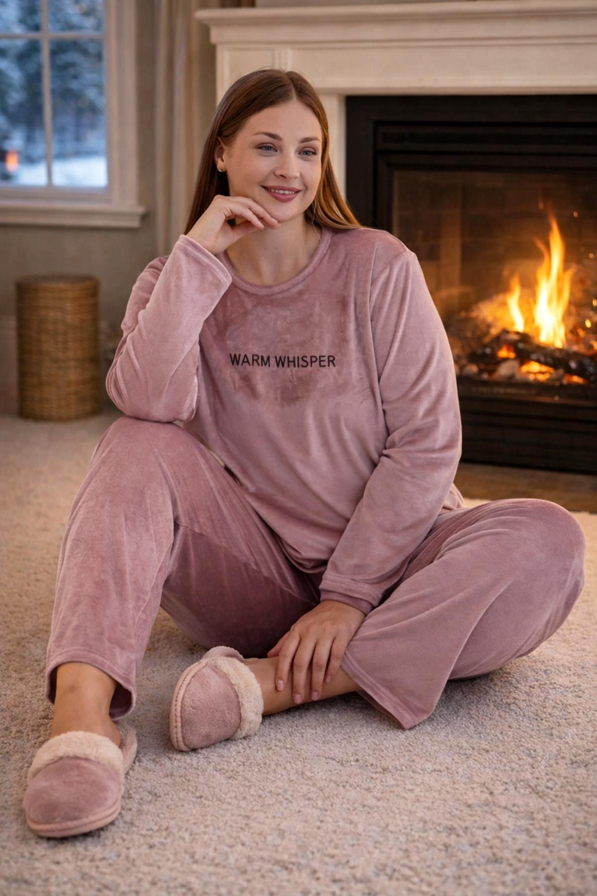 Büyük Beden Kadın Kadife Kumaş Pijama Takımı 13213-3017 Pudra01