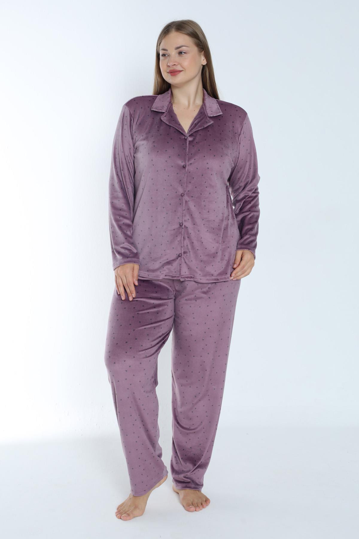 Büyük Beden Kadın Kadife Önü Düğmeli Pijama Takımı 24374 Lila