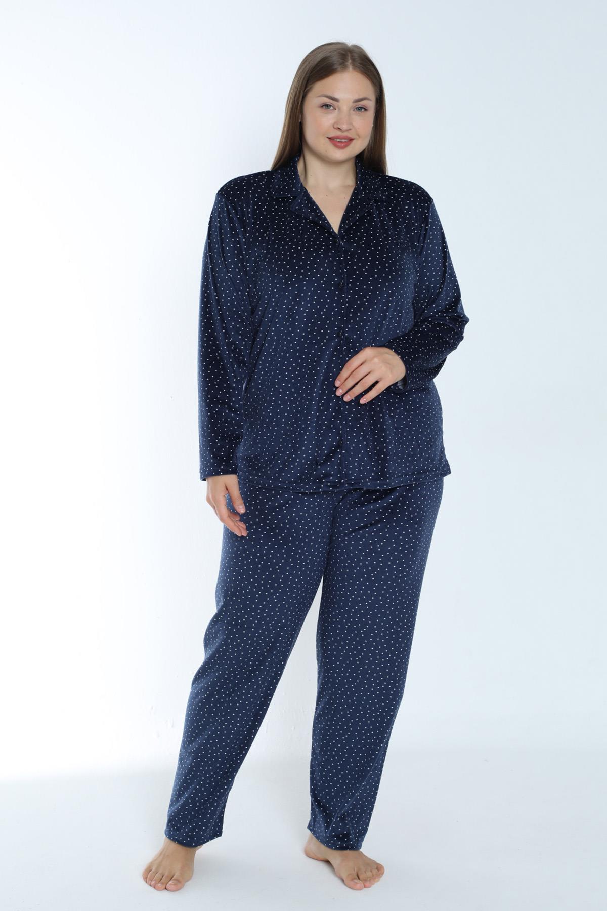Büyük Beden Kadın Kadife Önü Düğmeli Pijama Takımı 24377 Lacivert