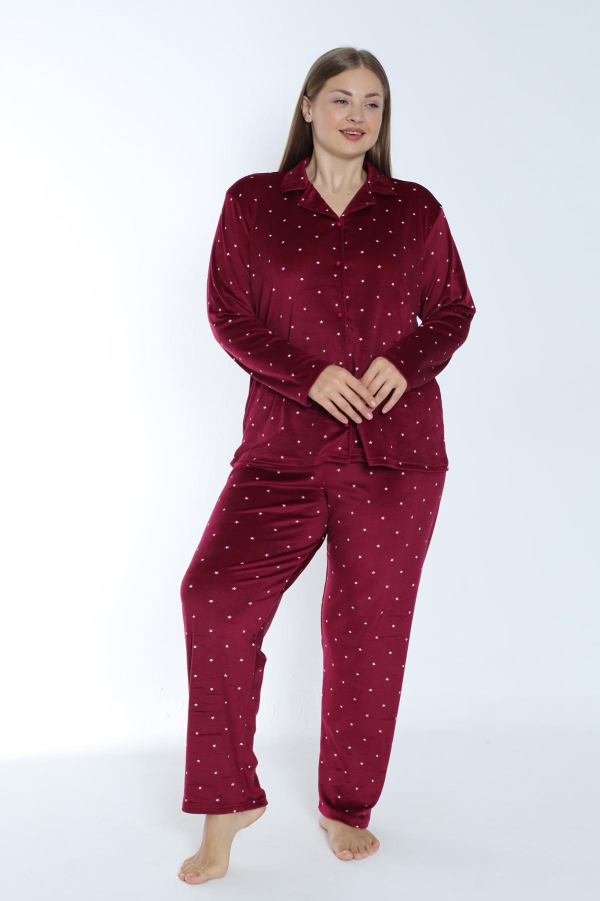 Büyük Beden Kadın Kadife Önü Düğmeli Pijama Takımı 24378 Bordo