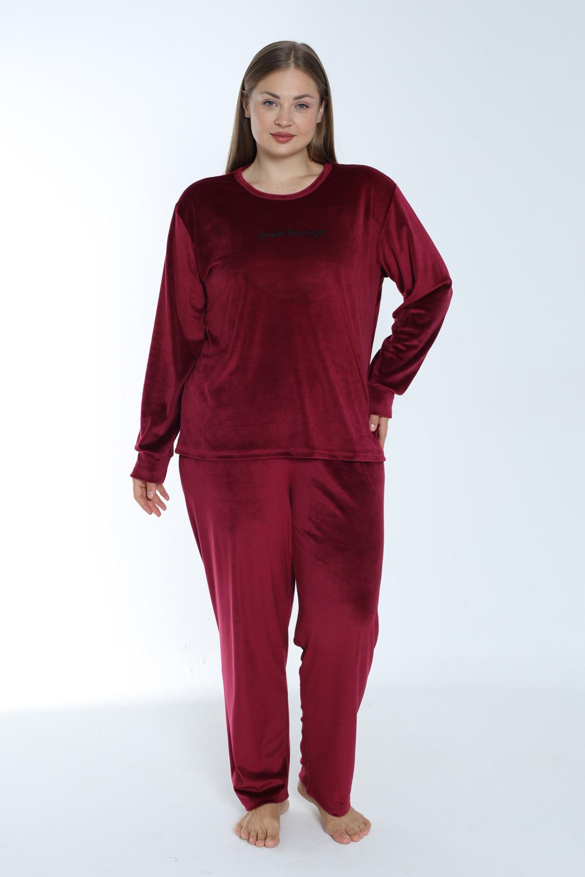 Büyük Beden Kadın Kadife Pijama Takımı 24391 Bordo
