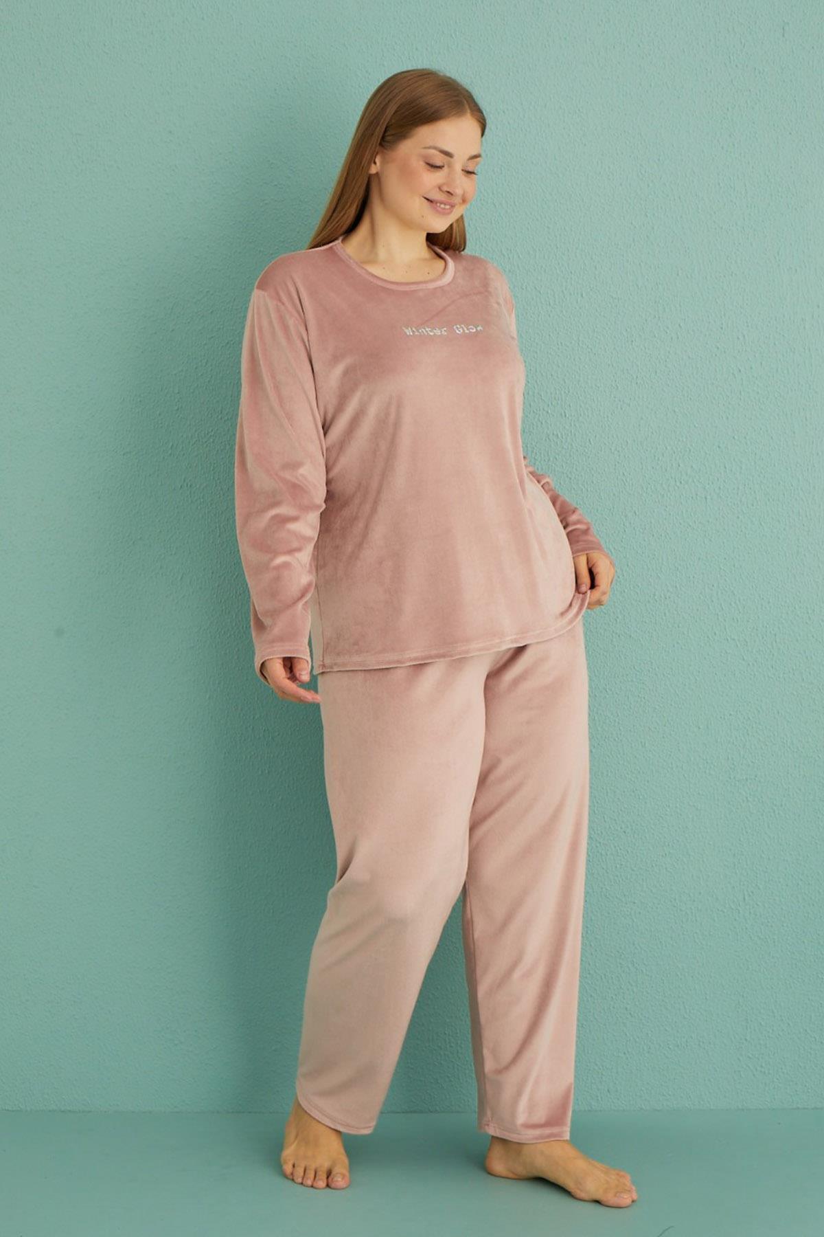 Büyük Beden Kadın Kadife Pijama Takımı 13213-10 Pudra