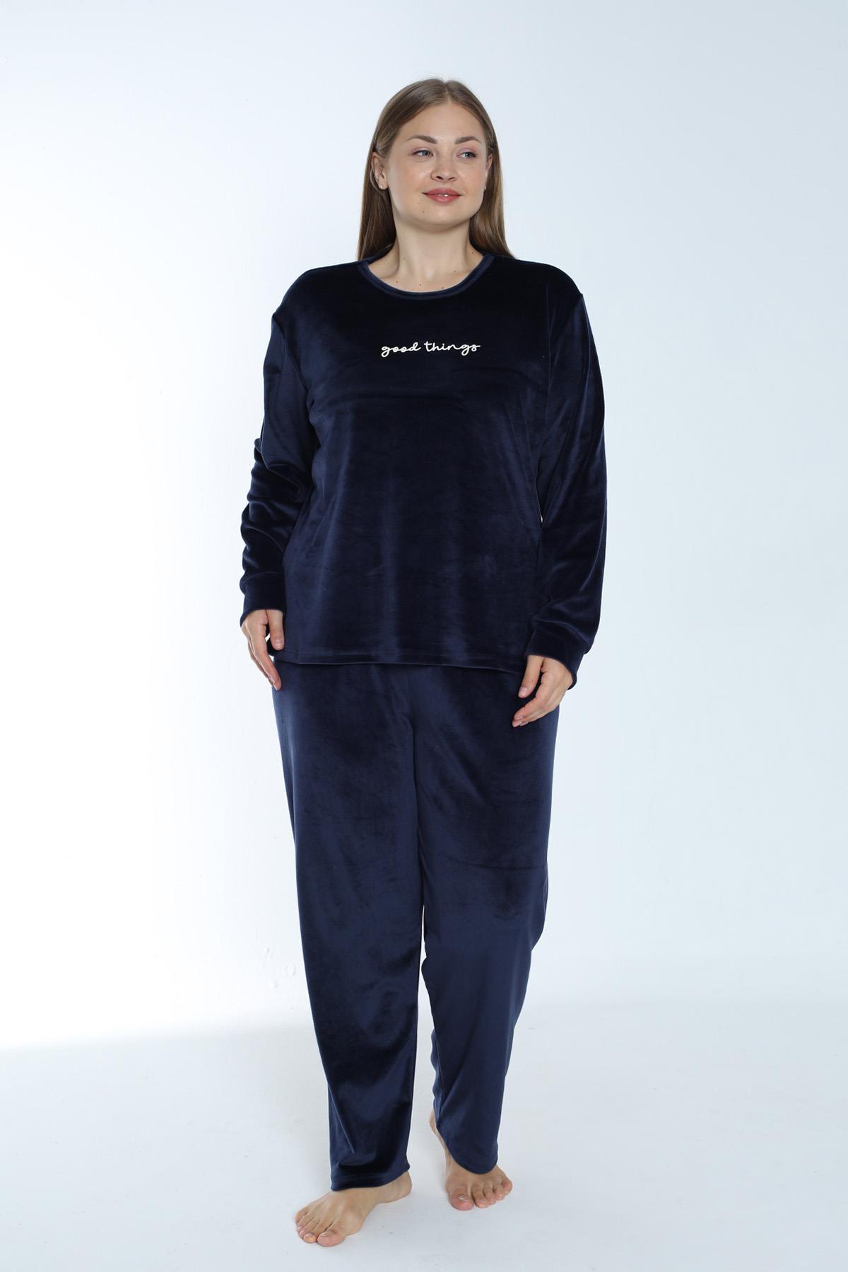 Büyük Beden Kadın Kadife Pijama Takımı 24391 Lacivert