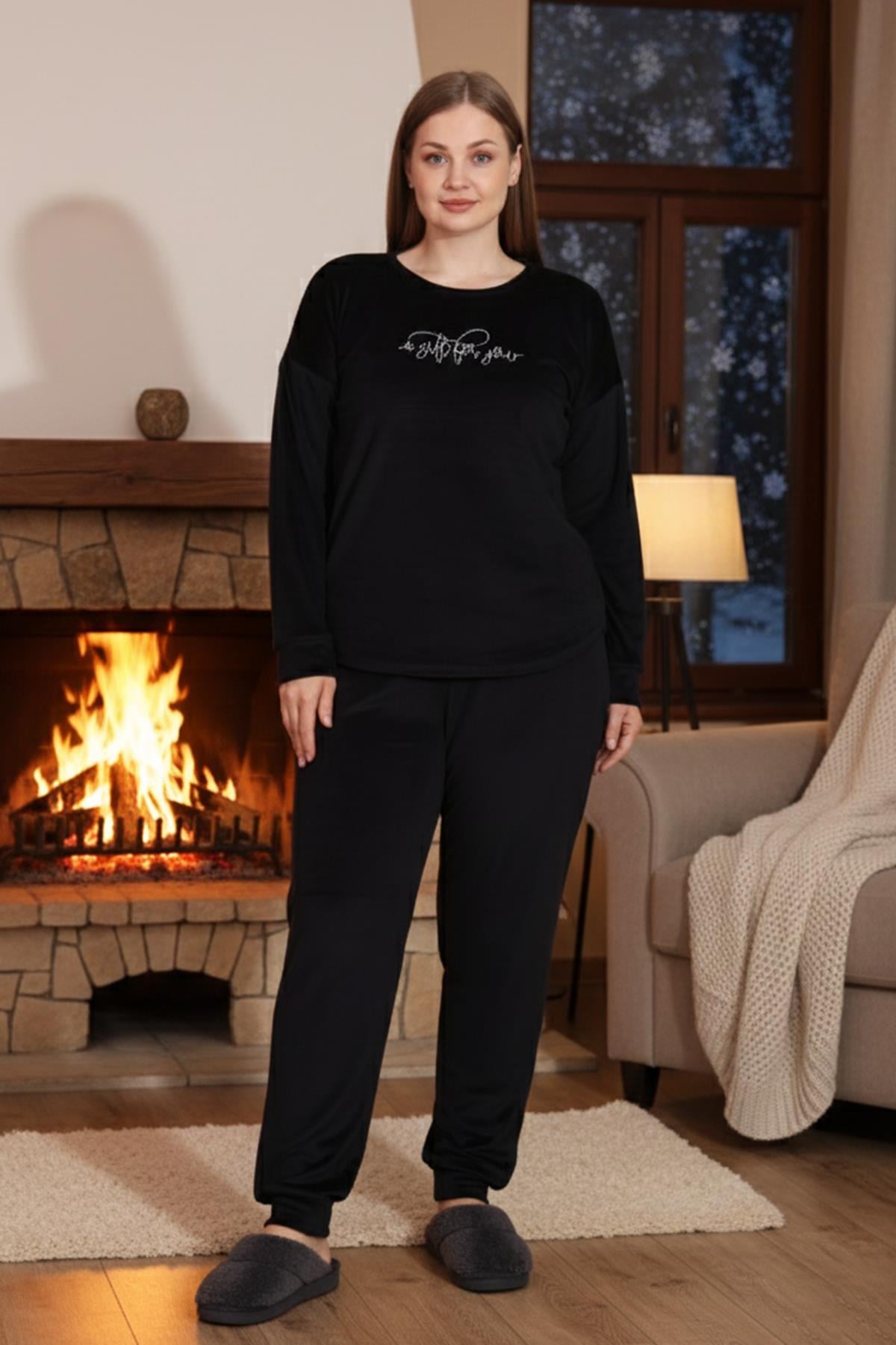 Büyük Beden Kadın Kadife Pijama Takımı 25392 Siyah