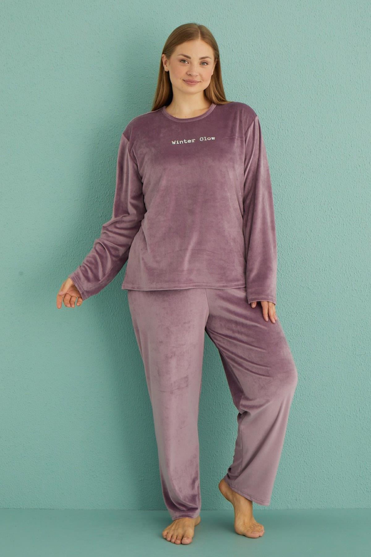 Büyük Beden Kadın Kadife Pijama Takımı 13213-9 Lila