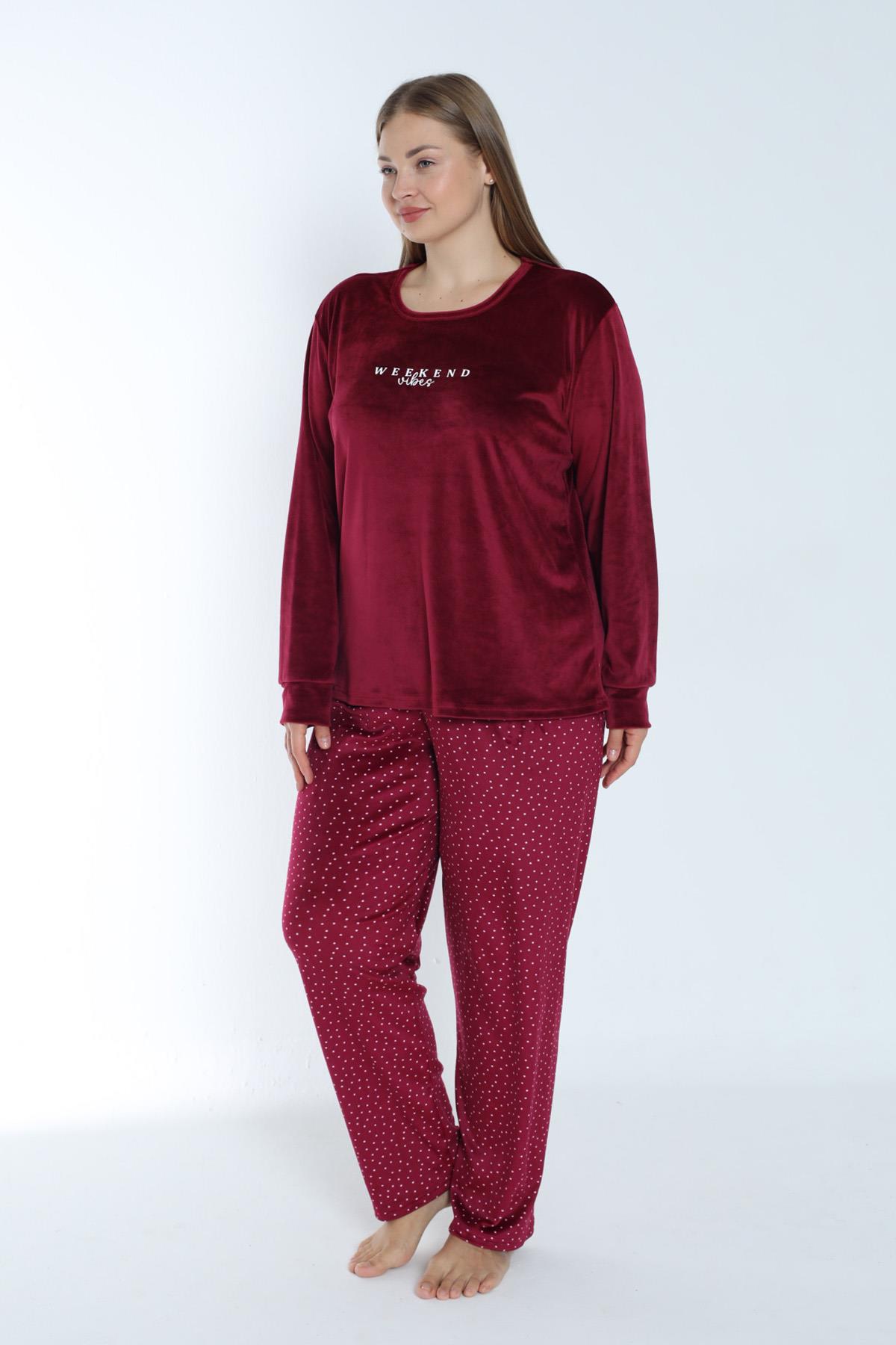Büyük Beden Kadın Kadife Puantiyeli Pijama Takımı 24371 Bordo