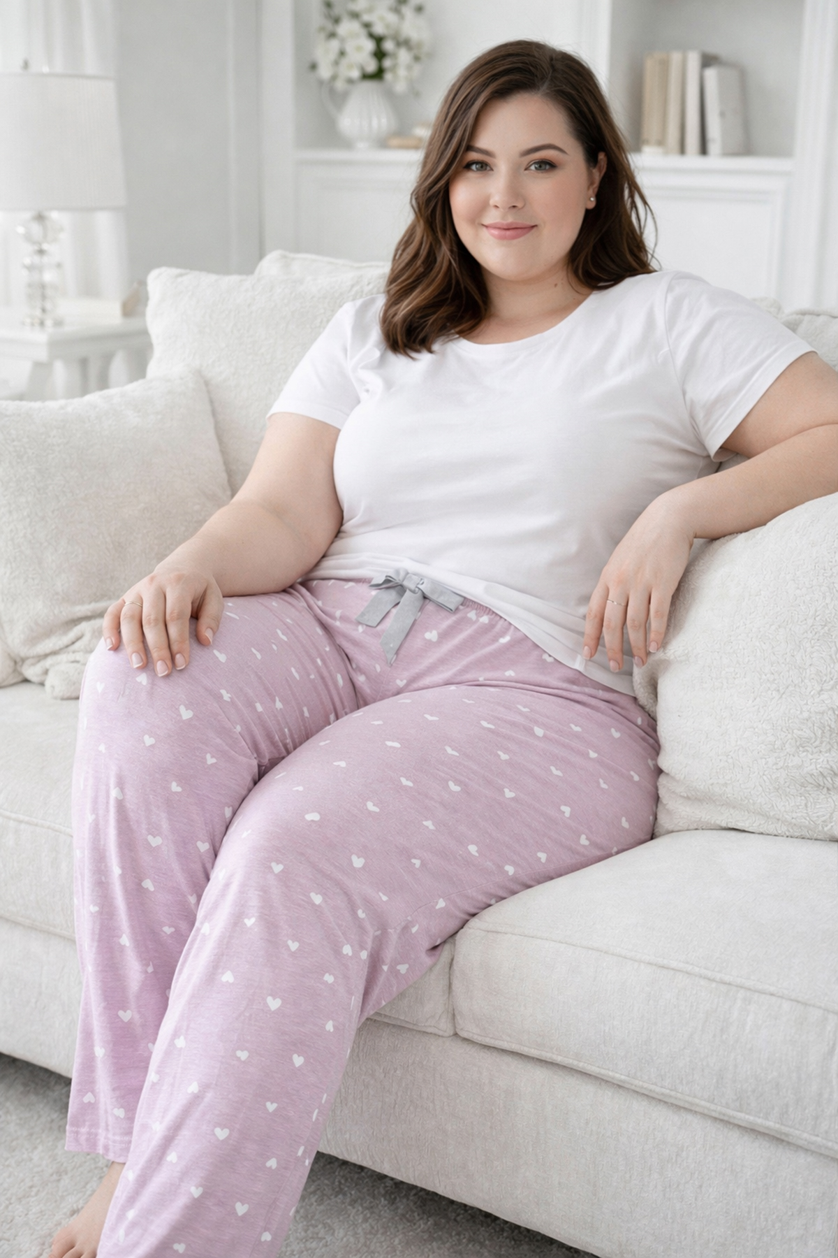 Büyük Beden Kadın Kalp Desen Viskon Kumaş Penye Battal Tek Pijama Alt 02 Gül Kurusu