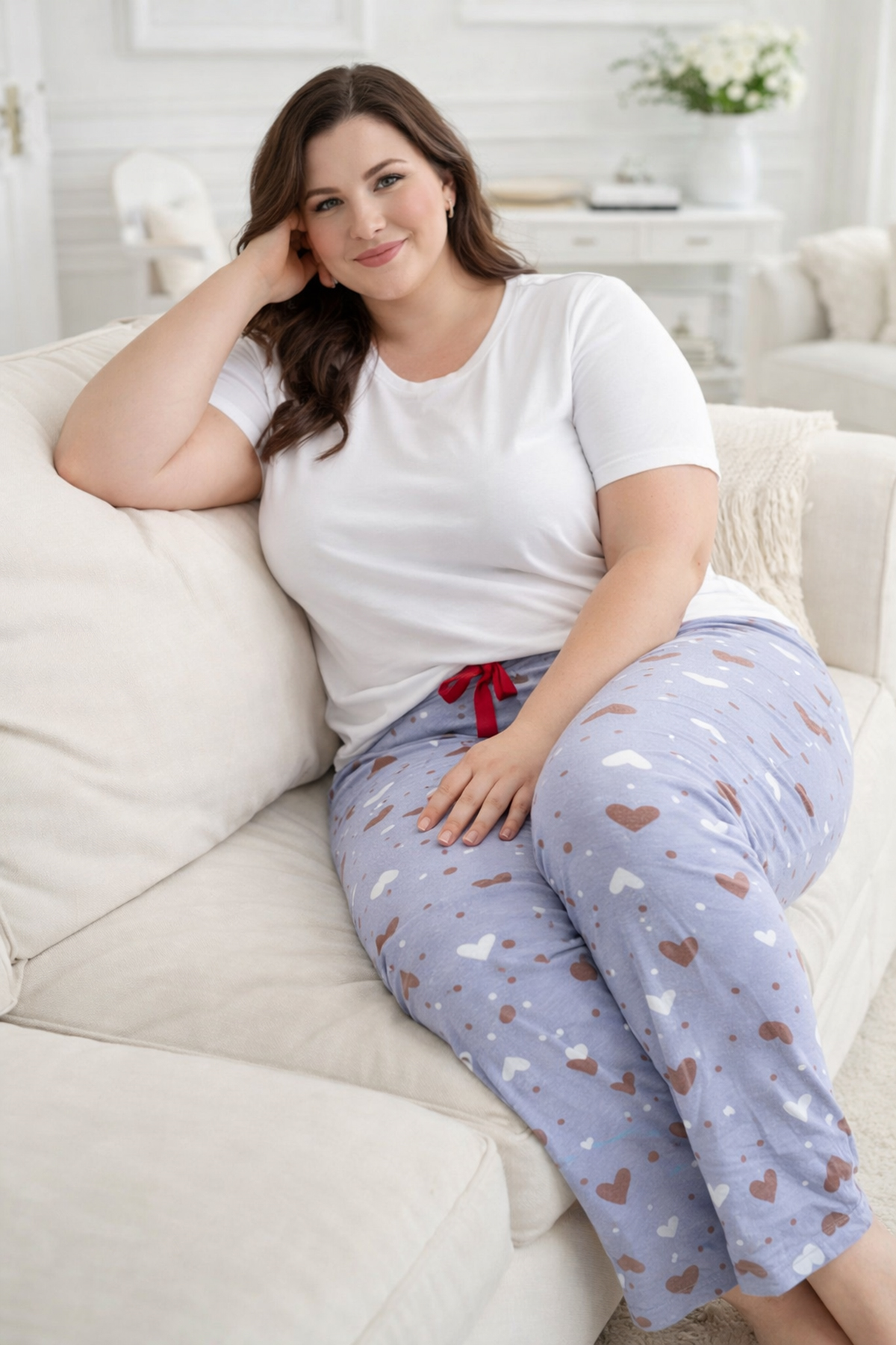 Büyük Beden Kadın Kalp Desen Viskon Kumaş Penye Battal Tek Pijama Alt 10 Lila
