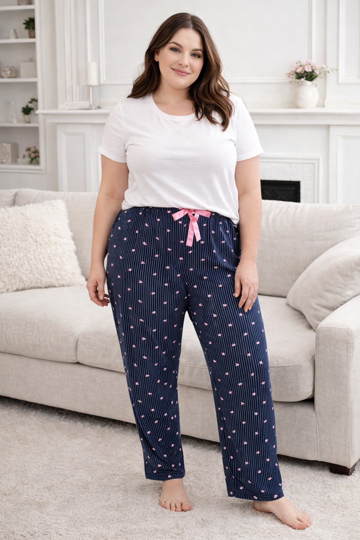 Büyük Beden Kadın Kalp Desen Viskon Kumaş Penye Battal Tek Pijama Alt 06 Lacivert
