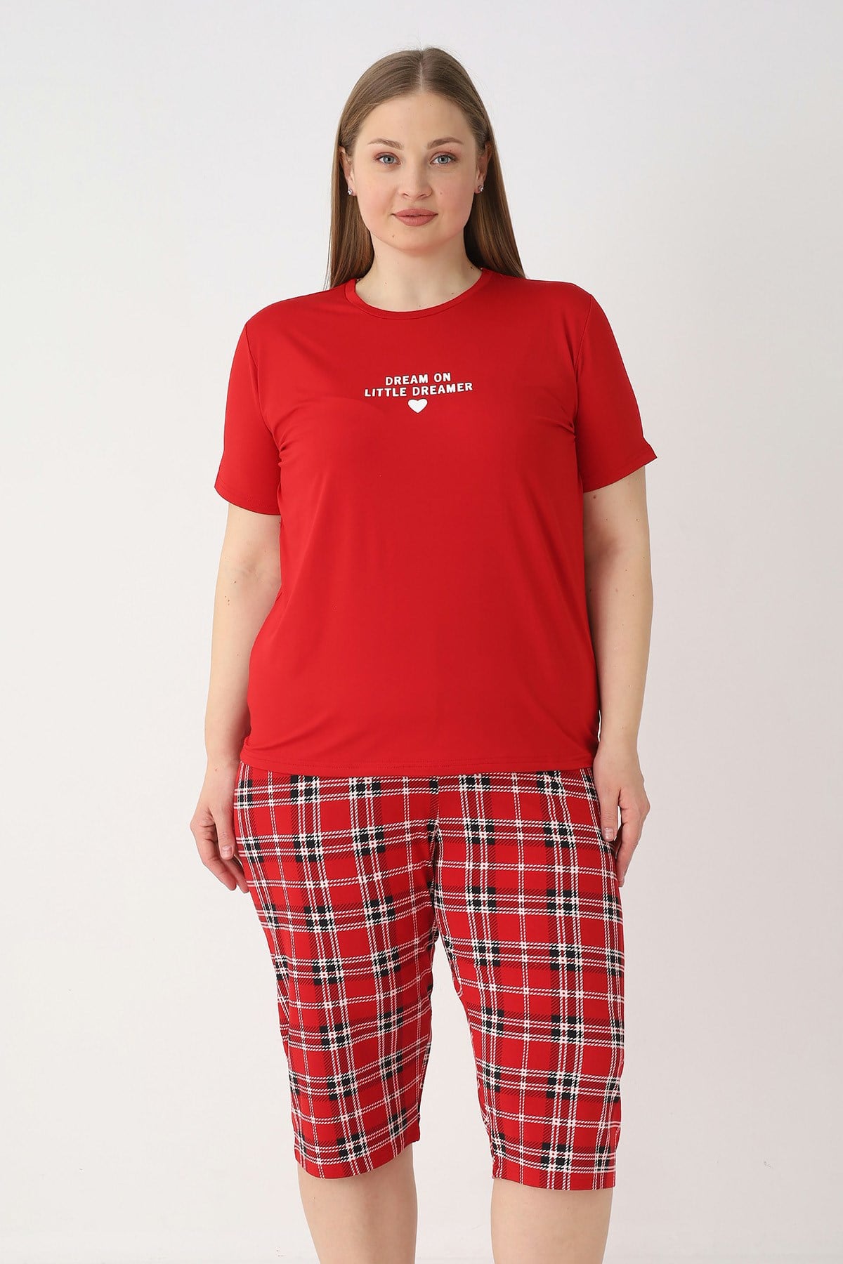Büyük Beden Kadın Kısa Kol Kaprili Pijama Takımı 260845 Kırmızı