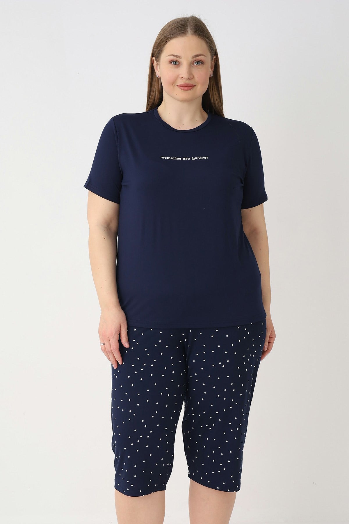 Büyük Beden Kadın Kısa Kol Kaprili Pijama Takımı 26081 Lacivert