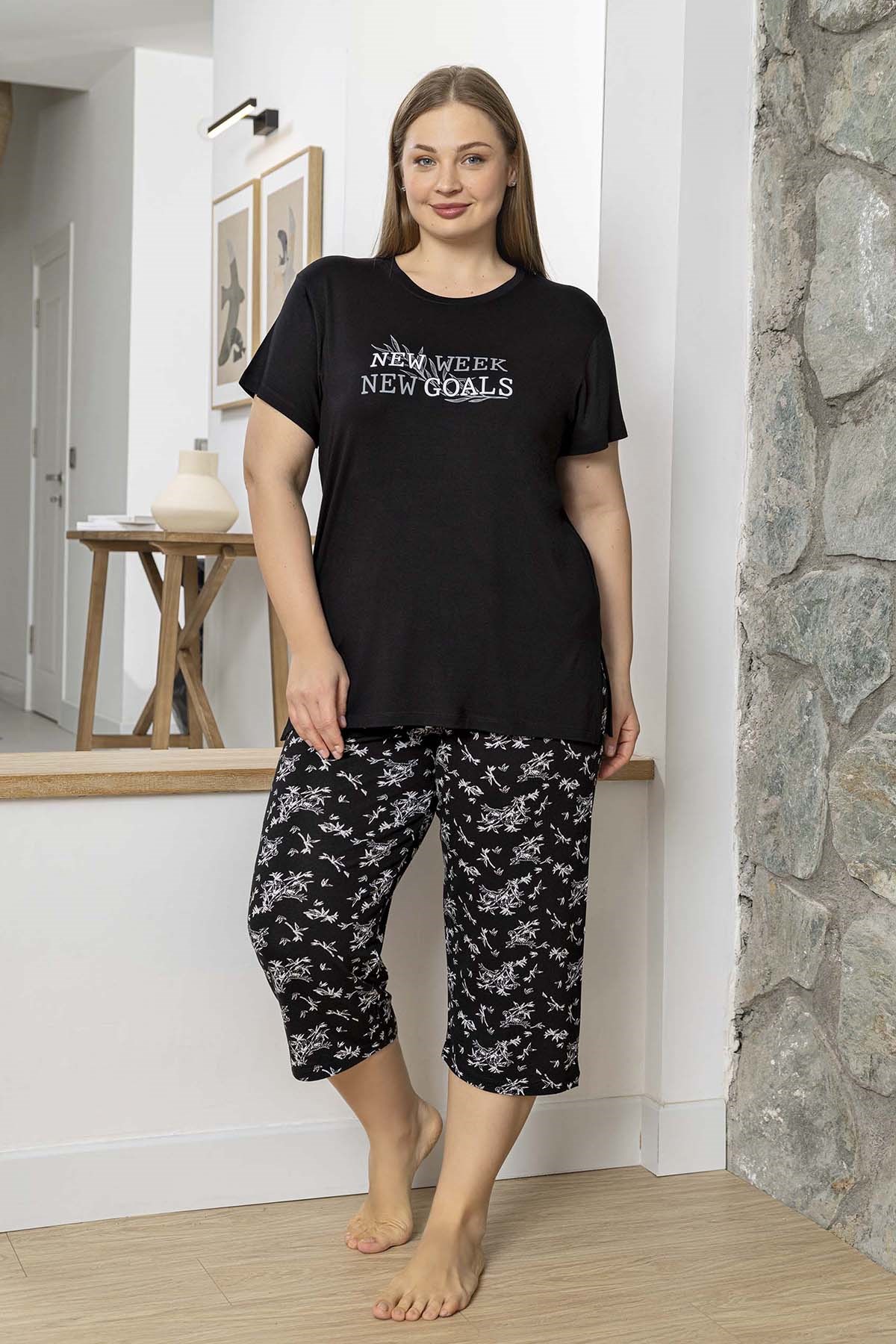 Büyük Beden Kadın Kısa Kol Kaprili Viskon Pijama Takımı 260071 Siyah