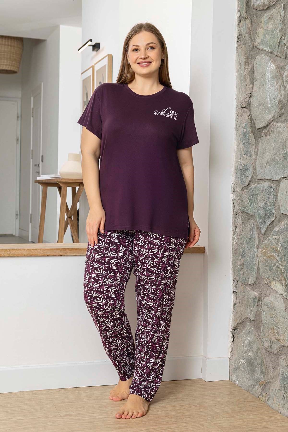 Büyük Beden Kadın Kısa Kol Viskon Pijama Takımı 250057 Mürdüm