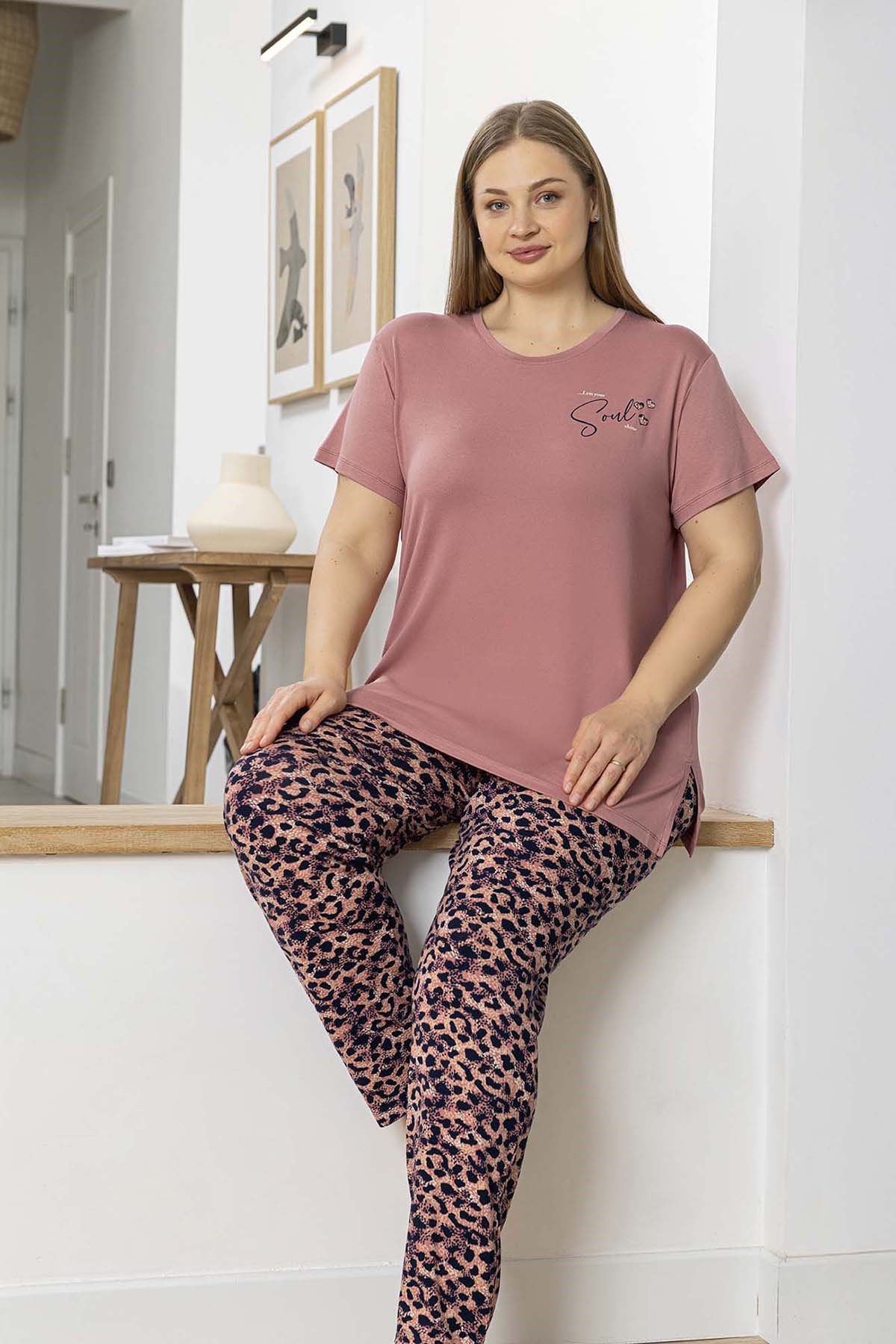 Büyük Beden Kadın Kısa Kol Viskon Pijama Takımı 260054 Gül Kurusu