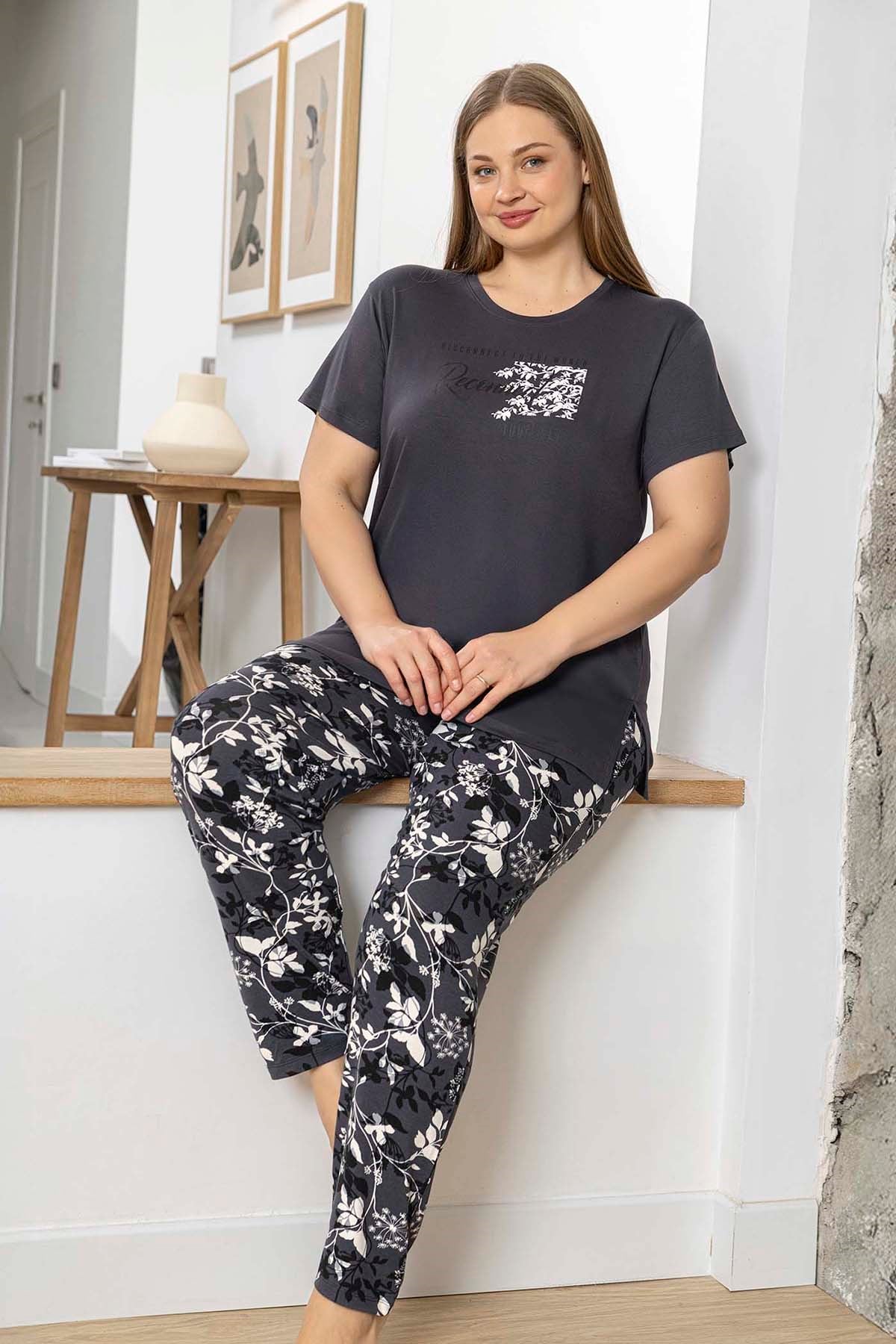 Büyük Beden Kadın Kısa Kol Viskon Pijama Takımı 260061 Antrasit
