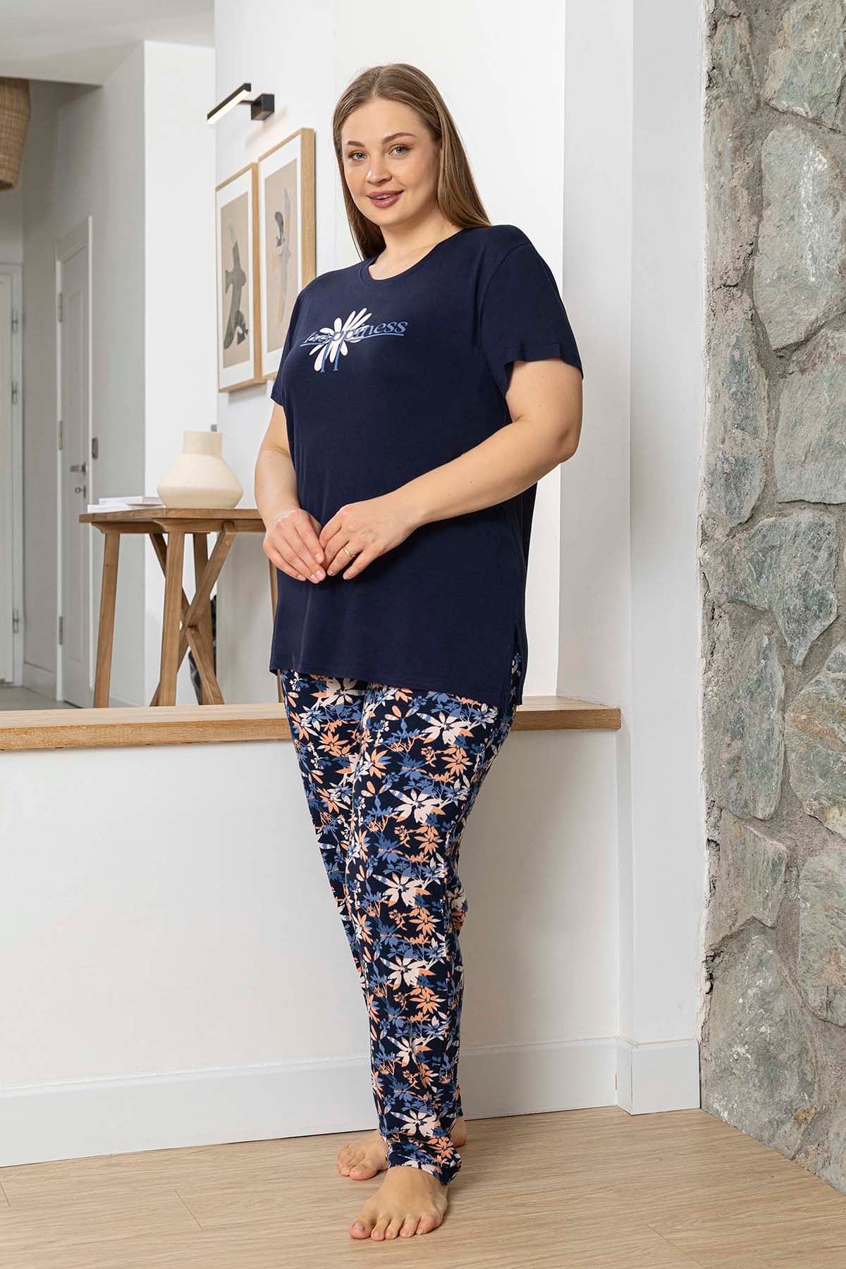 Büyük Beden Kadın Kısa Kol Viskon Pijama Takımı 260060 Lacivert