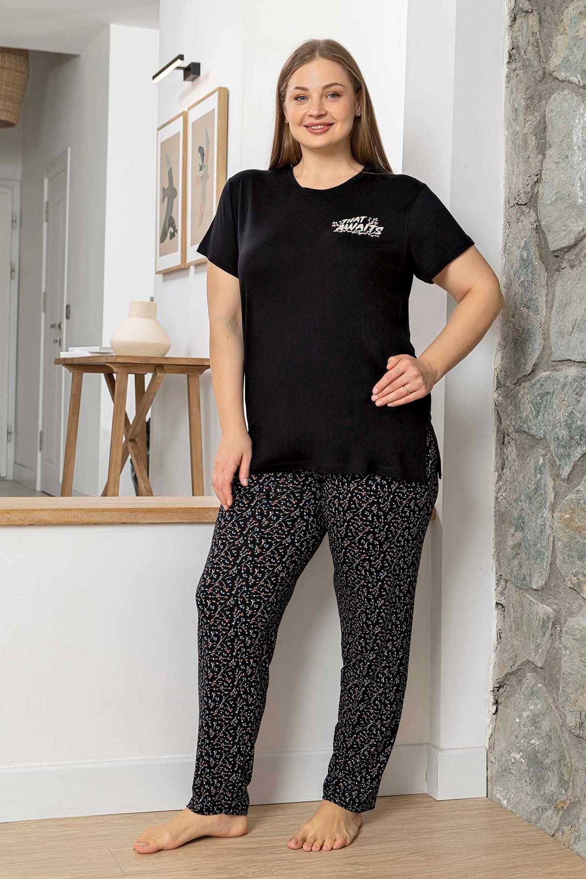 Büyük Beden Kadın Kısa Kol Viskon Pijama Takımı 250059 Siyah